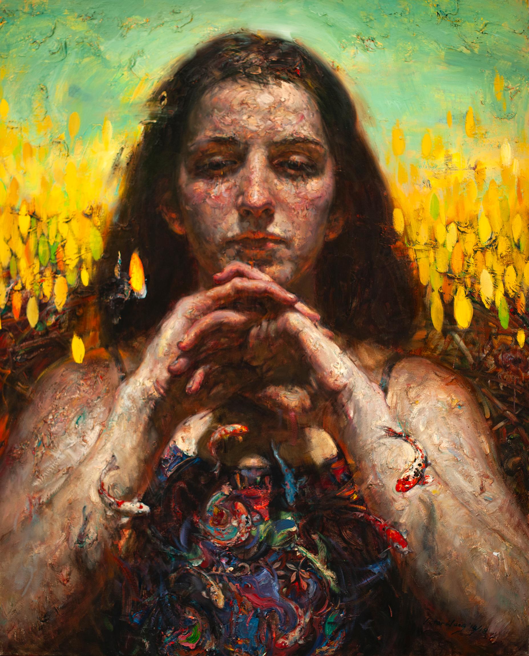 Pittura a olio su tela, illuminazione drammatica, texture, "The Guardian" Victor Wang