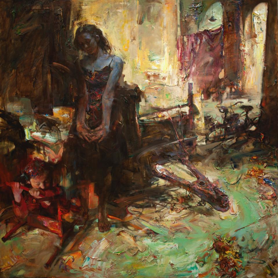 Ölgemälde auf Leinwand, Dramatische Beleuchtung, Strukturiert, "Unter dem blendenden Licht" – Painting von Victor Wang