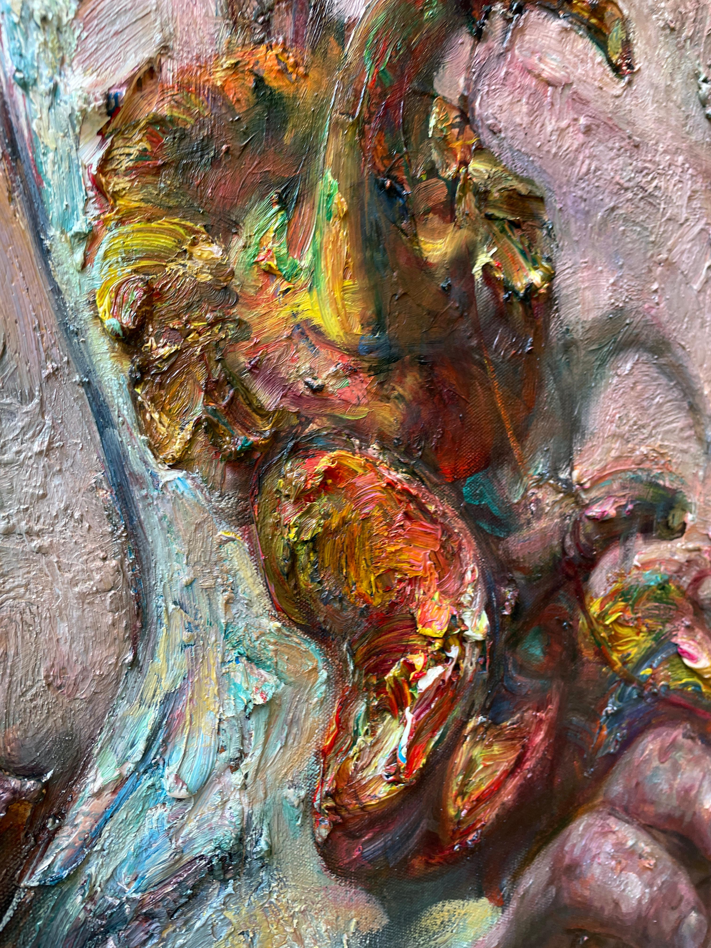 Victor Wang's highly textured paintings involve thick layers of paint in deep saturated colors.  In 