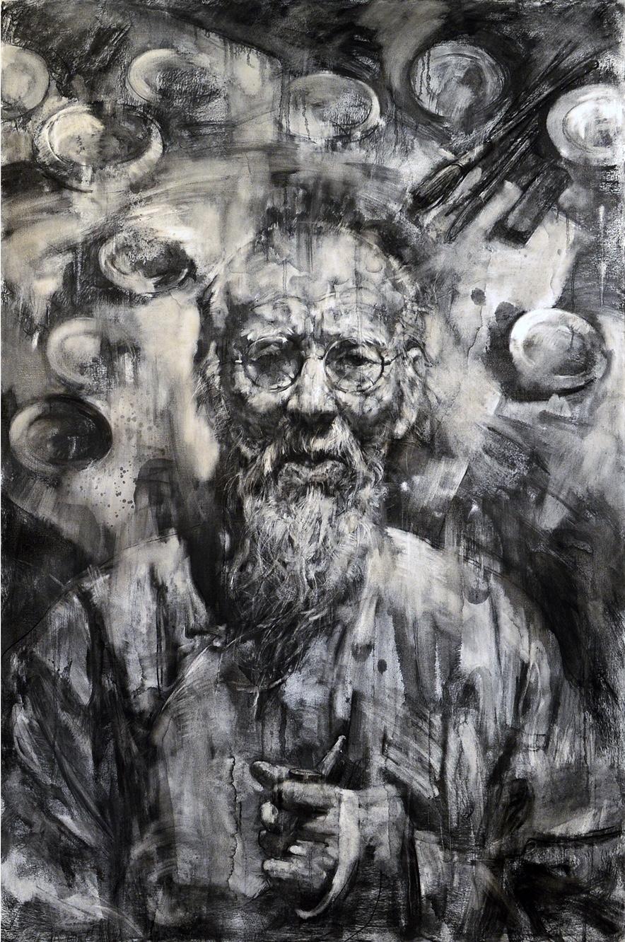 Victor Wang Figurative Painting - "Qi Baishi", Figurative Charcoal Drawing on Canvas, Portrait, Abstract Drawing