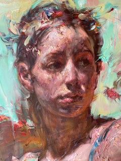 Red Boat - Woman in a Blue Dress Reclining in Boat, Highly Textural Oil Painting