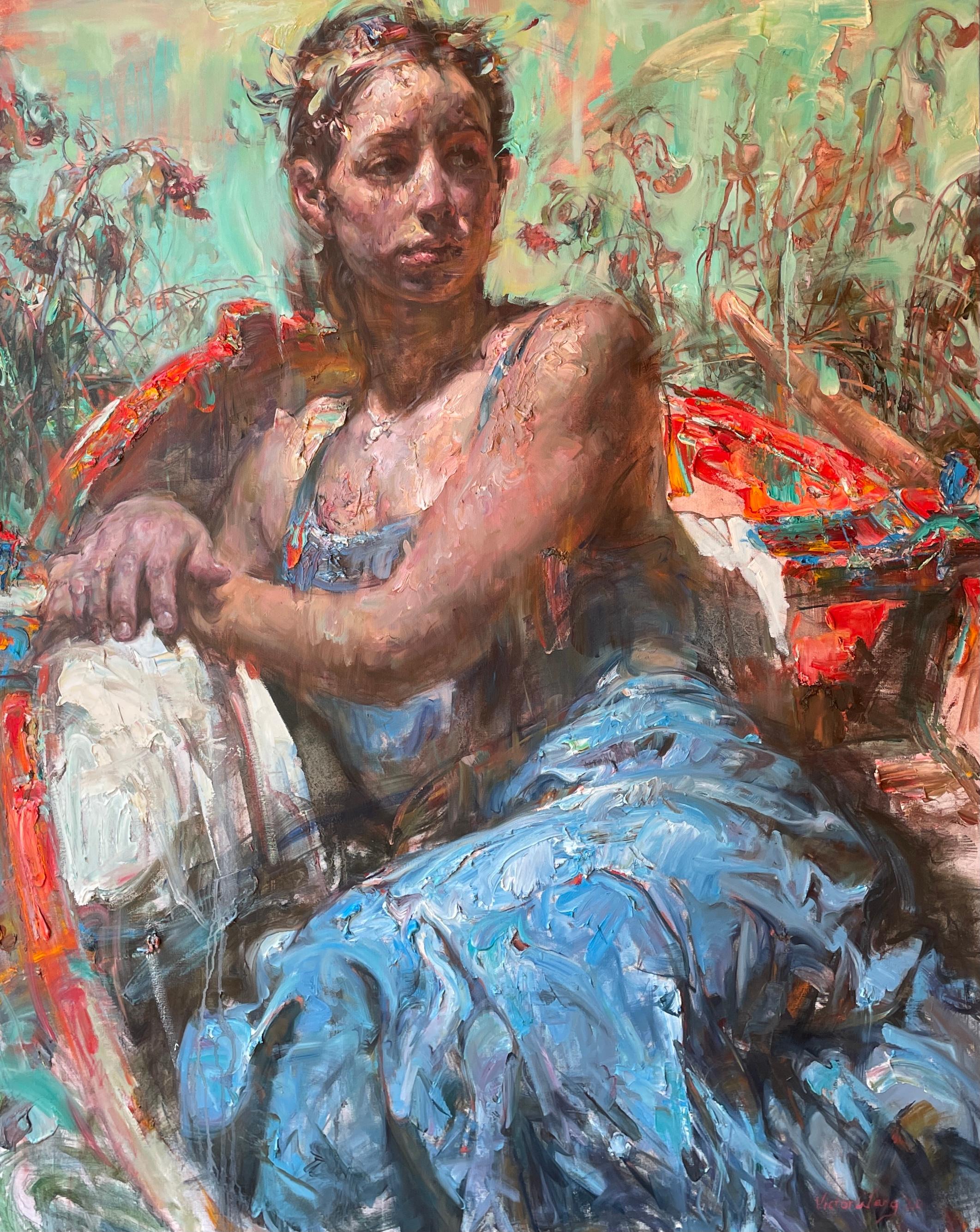 Red Boat - Woman in a Blue Dress Reclining in Boat, Highly Textural Oil Painting