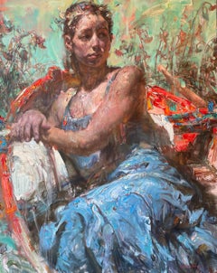 Red Boat - Woman in a Blue Dress Reclining in Boat, Highly Textural Oil Painting