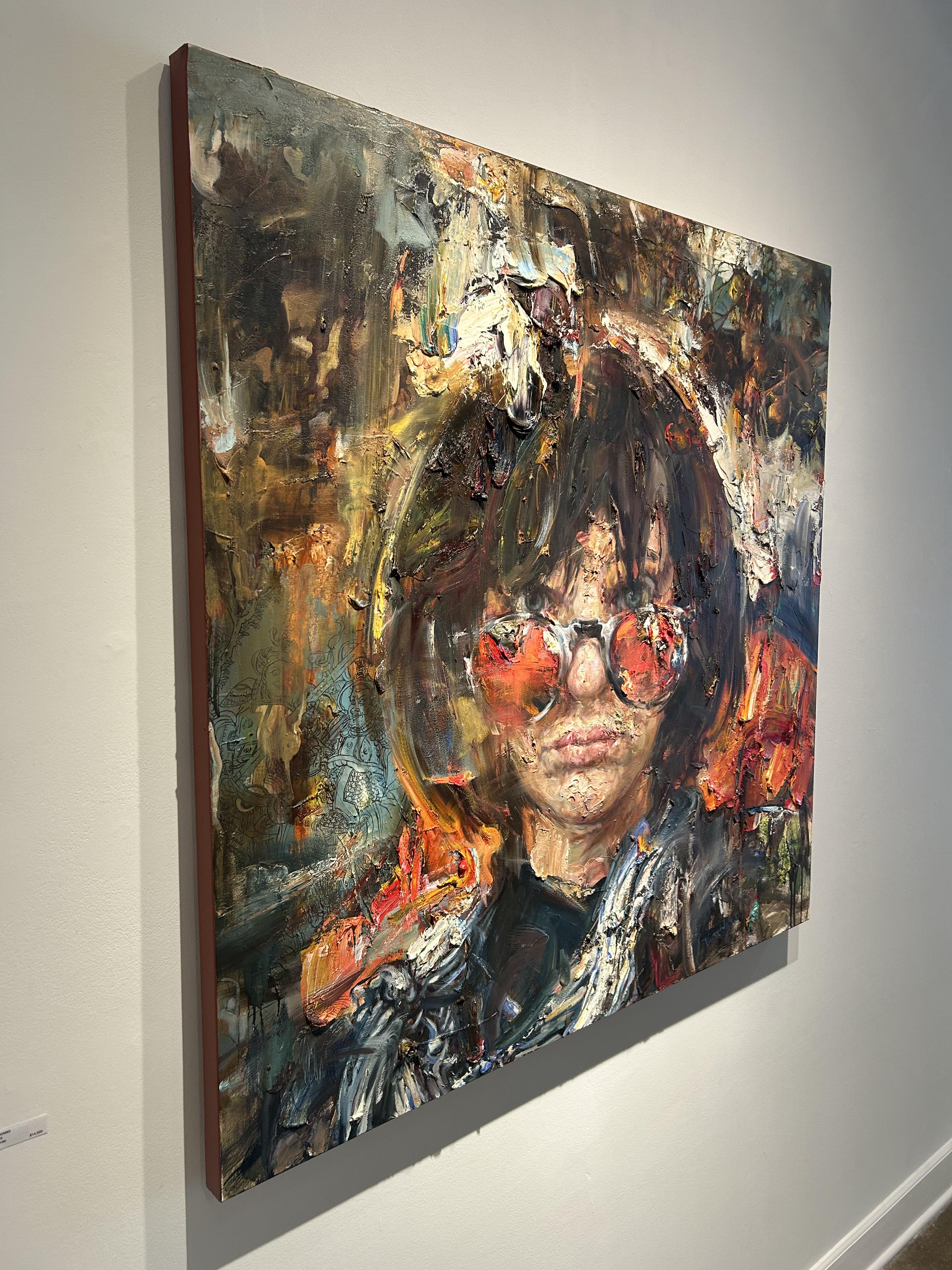 Contemporary Portrait Oil Painting, Abstracted, Heavily Textured, Canvas, Wang For Sale 1