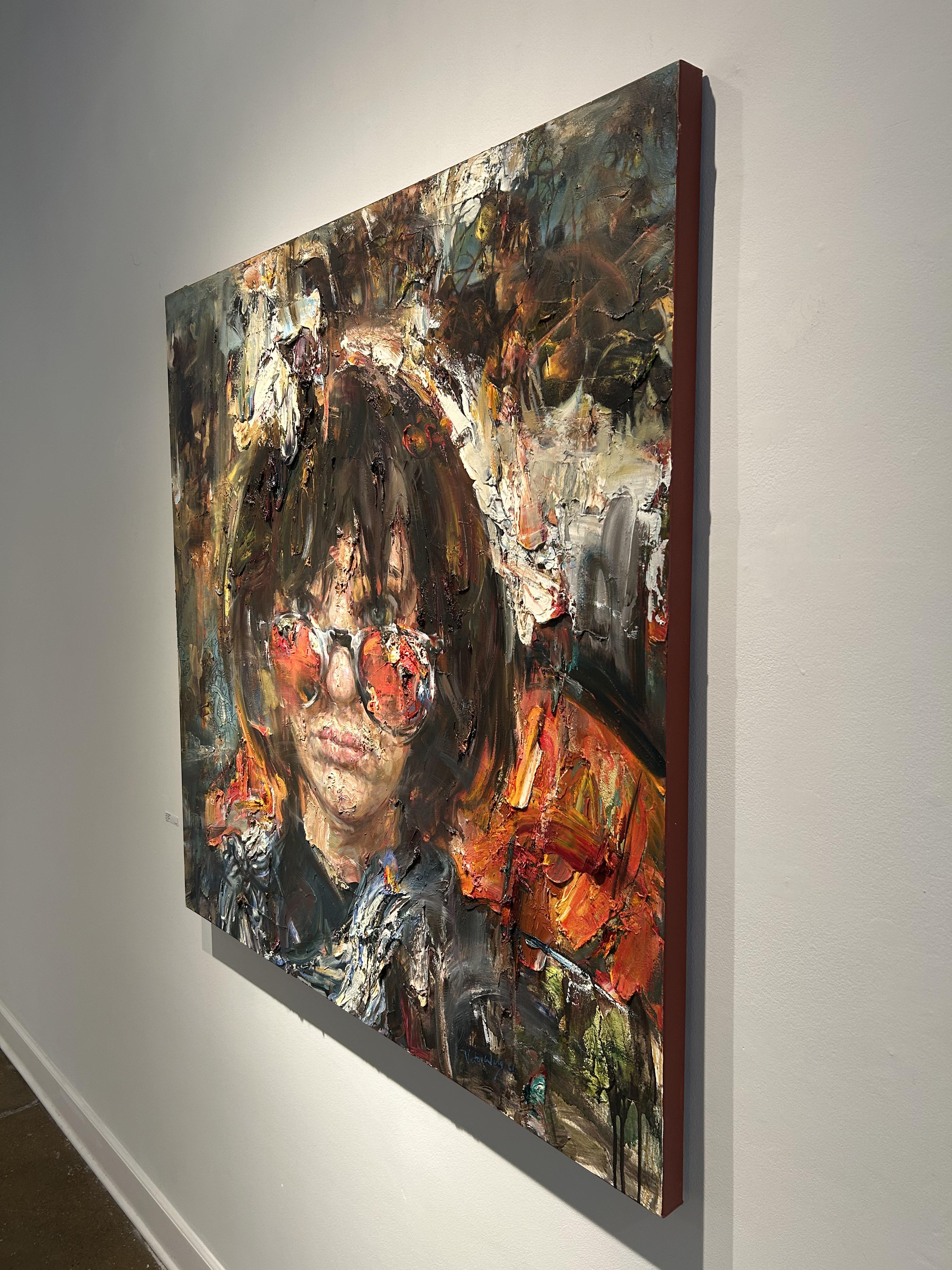 Contemporary Portrait Oil Painting, Abstracted, Heavily Textured, Canvas, Wang For Sale 2