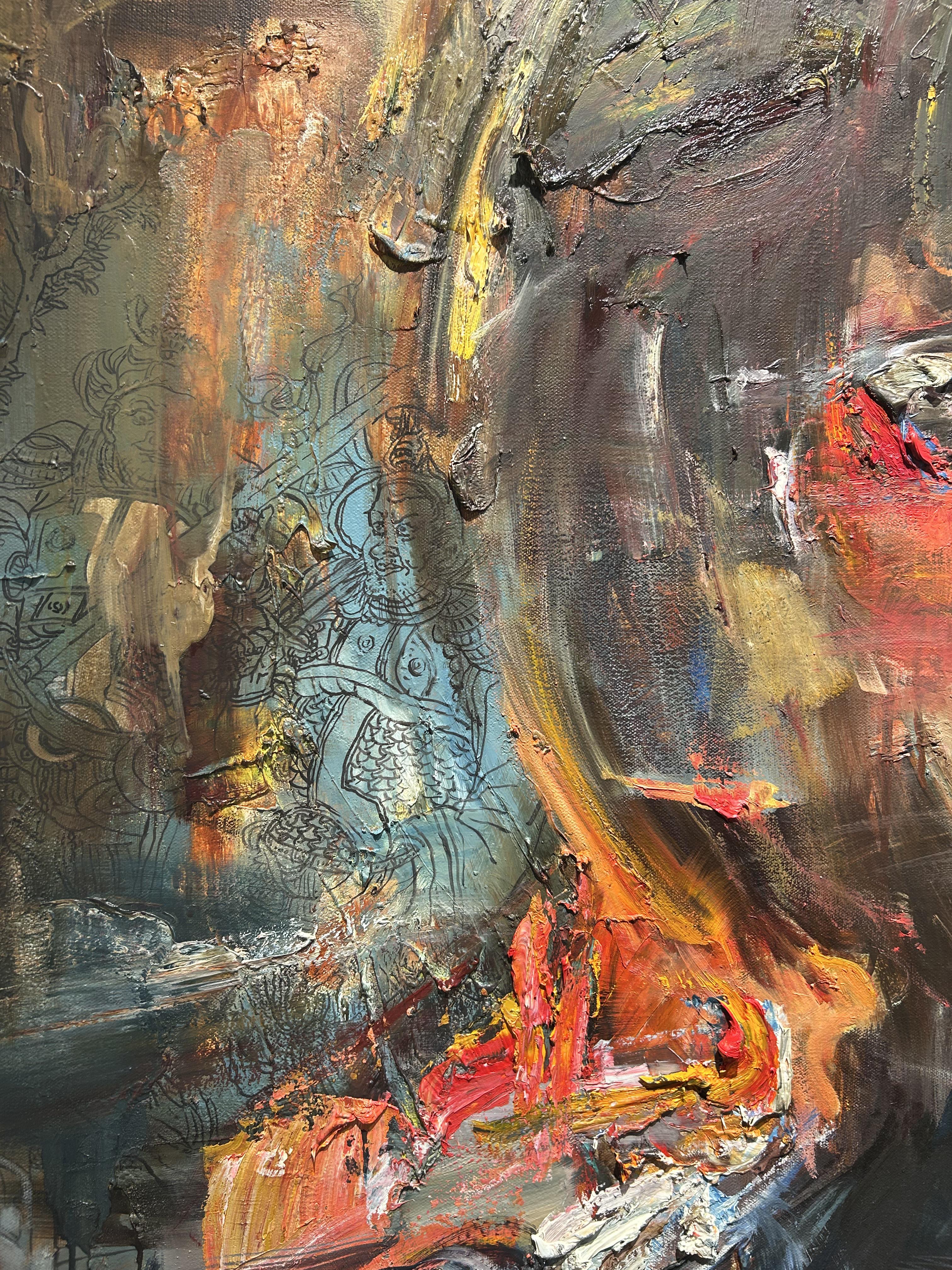 Contemporary Portrait Oil Painting, Abstracted, Heavily Textured, Canvas, Wang For Sale 3