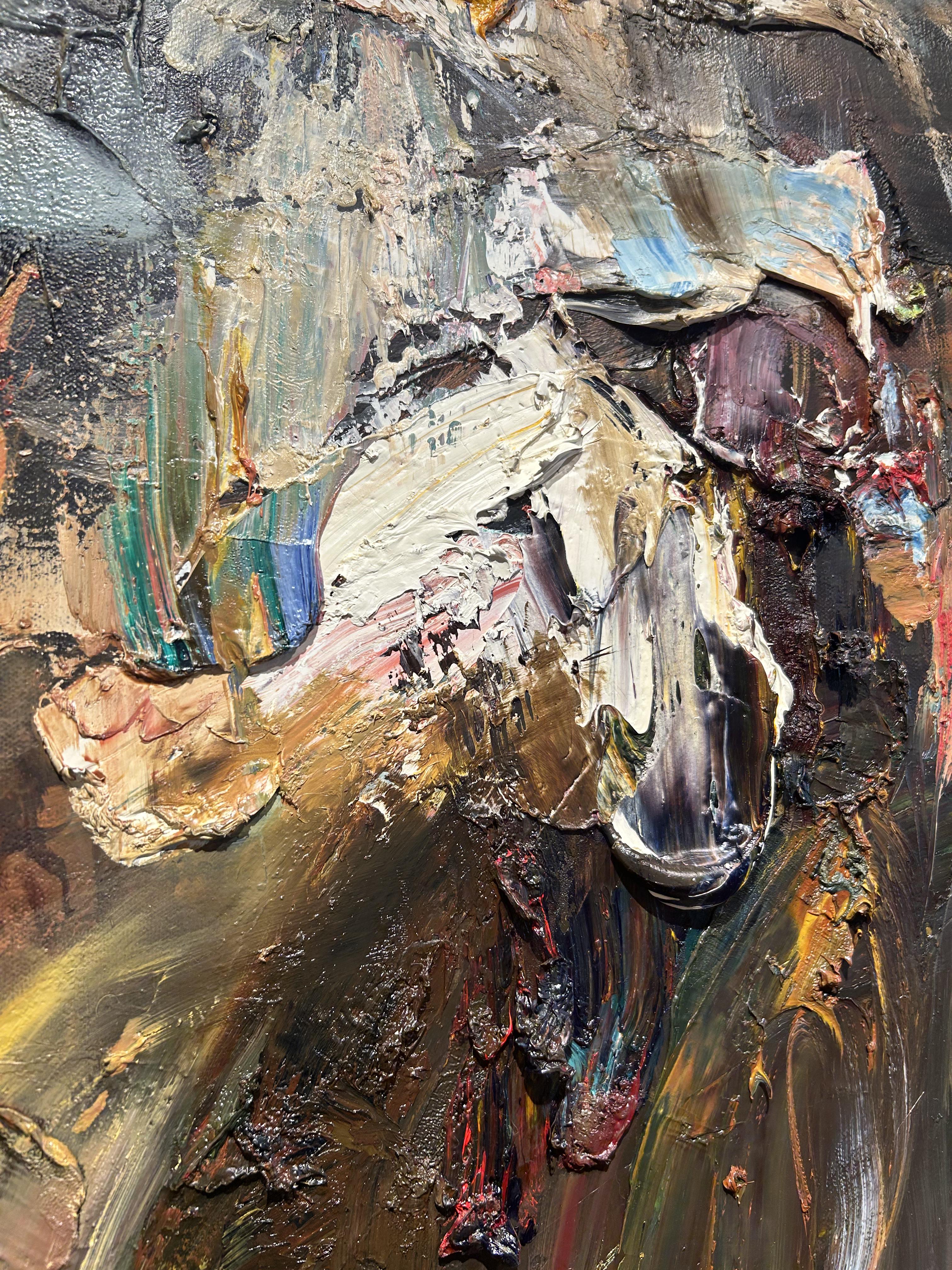 Contemporary Portrait Oil Painting, Abstracted, Heavily Textured, Canvas, Wang For Sale 6