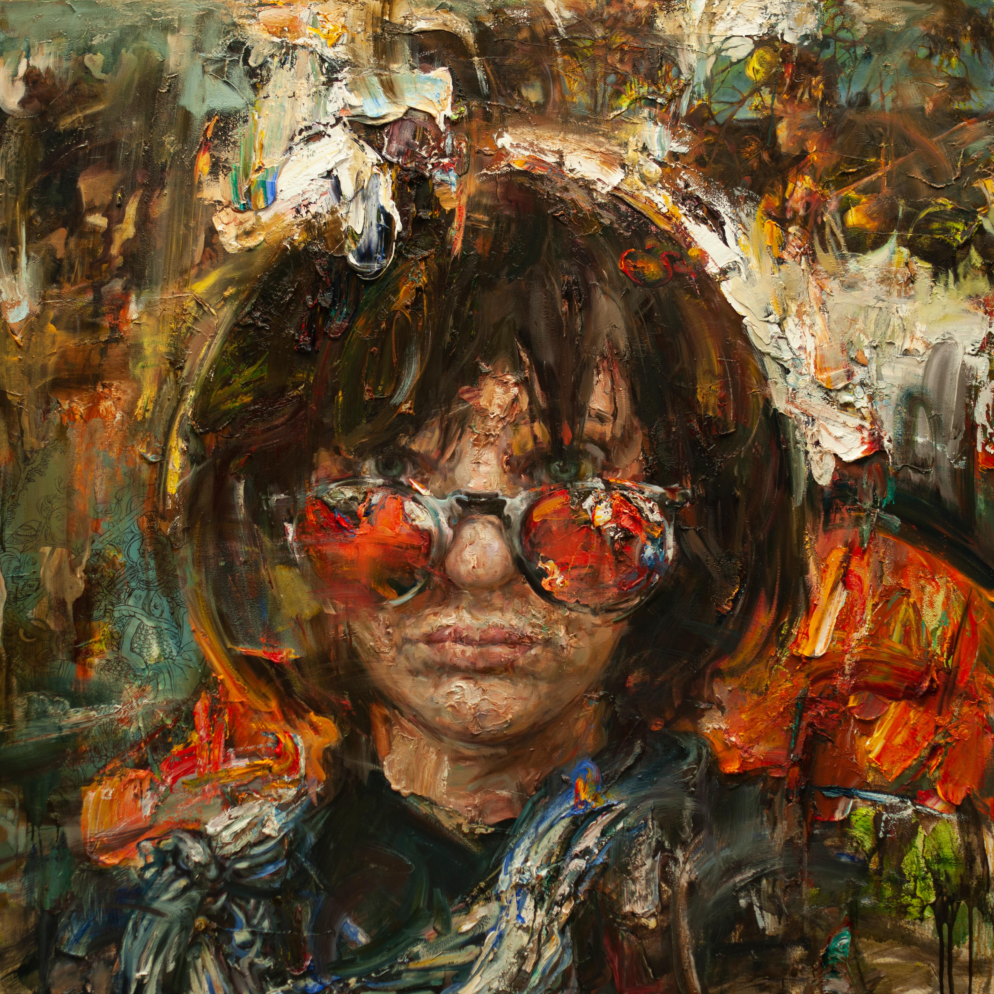"Sunglasses", Contemporary, Figurative, Portrait, Oil Paint, Canvas, Abstracted - Painting by Victor Wang