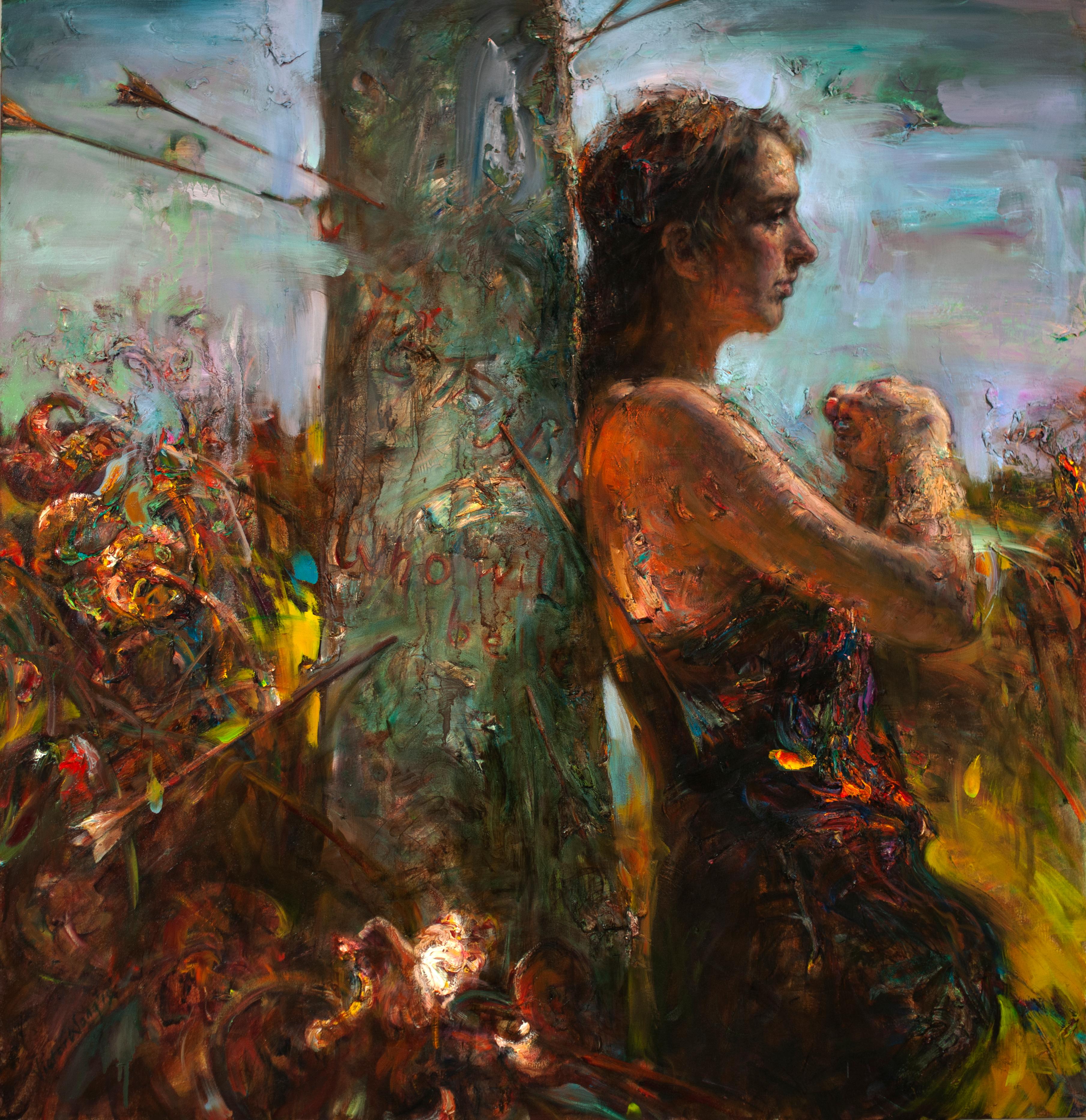 "El pilar flechado", Contemporáneo, Pintura al óleo, Lienzo, Figurativo, Retrato - Painting de Victor Wang
