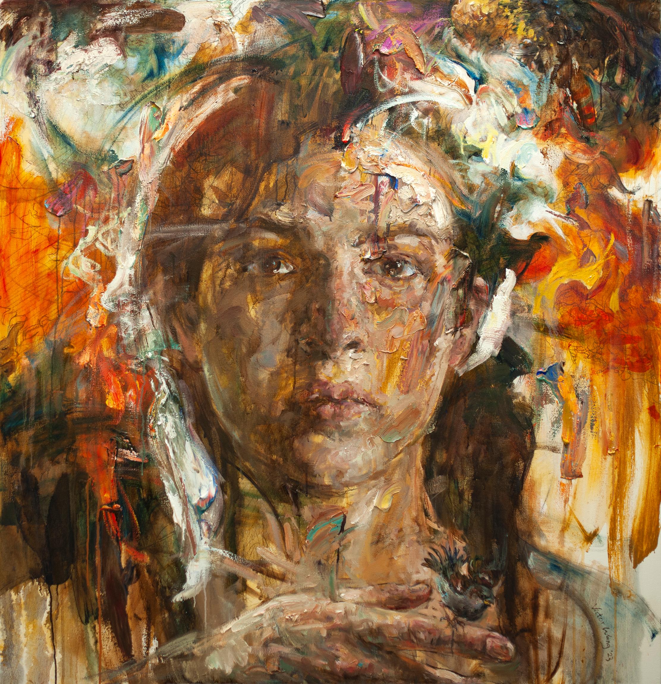 Victor Wang Portrait Painting – „Der kleine Vogel“, Ölgemälde auf Leinwand, Porträt, Abstraktion, Tiere