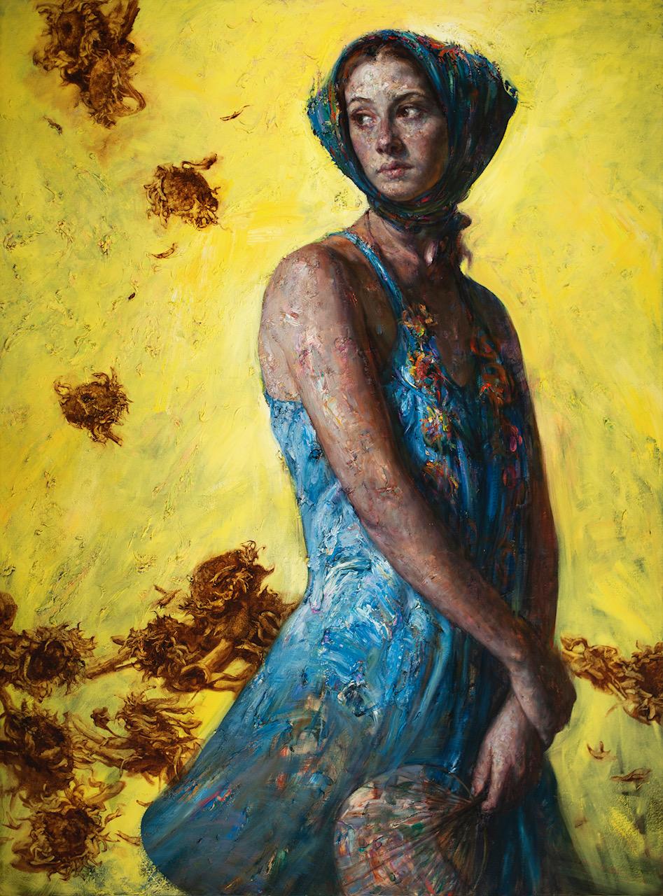 Victor Wang Portrait Painting - "When Sunflowers Are Falling...", Figurative Oil Painting on Canvas, Flowers