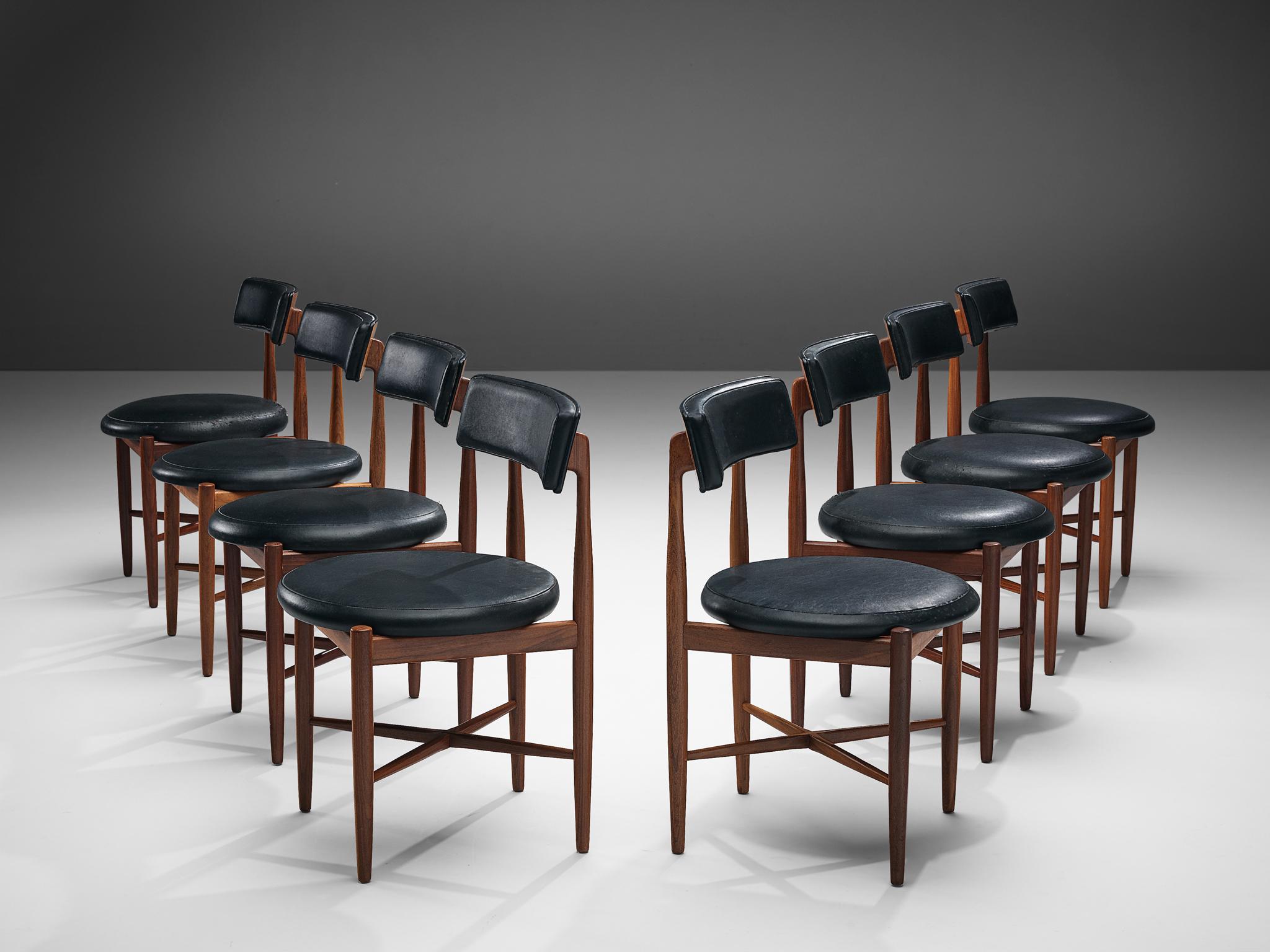 Victor Bramwell Wilkins, for G Plan, set of eight dining chairs, model 'Fresco', faux leather, teak, United Kingdom, 1960s

Set of eight dining chairs, designed by Victor Bramwell Wilkins for the British manufacturer G Plan in 1967. Wilkins designed