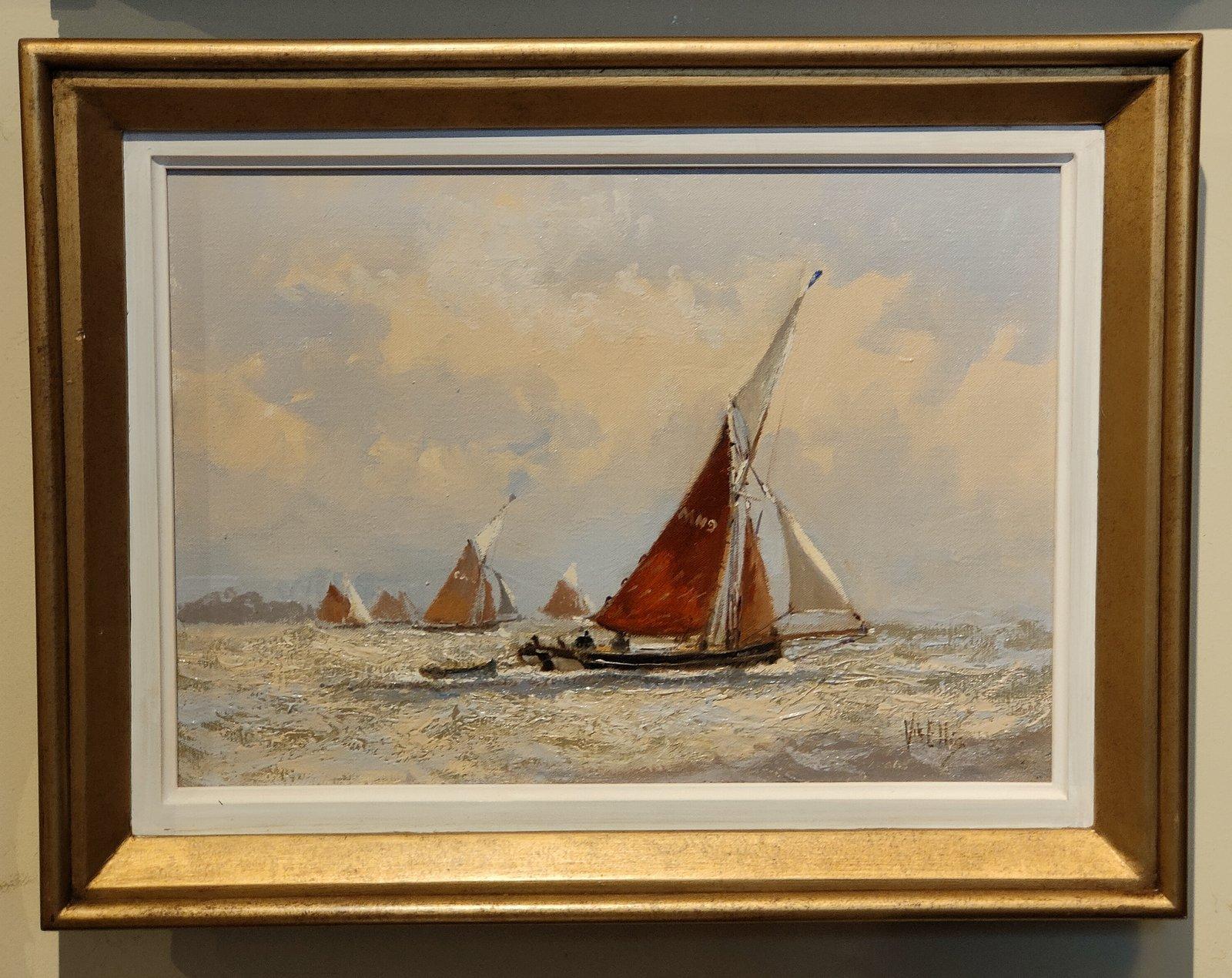 Oil Painting by Victor William Ellis "A Breezy day off the Coast"  Victor William Ellis DSM, RSMA 1921 -1984 . Marine painter of all types of ships past and present. mainly east coast and Thames near his native Canvey Island. Worked Atlantic conveys