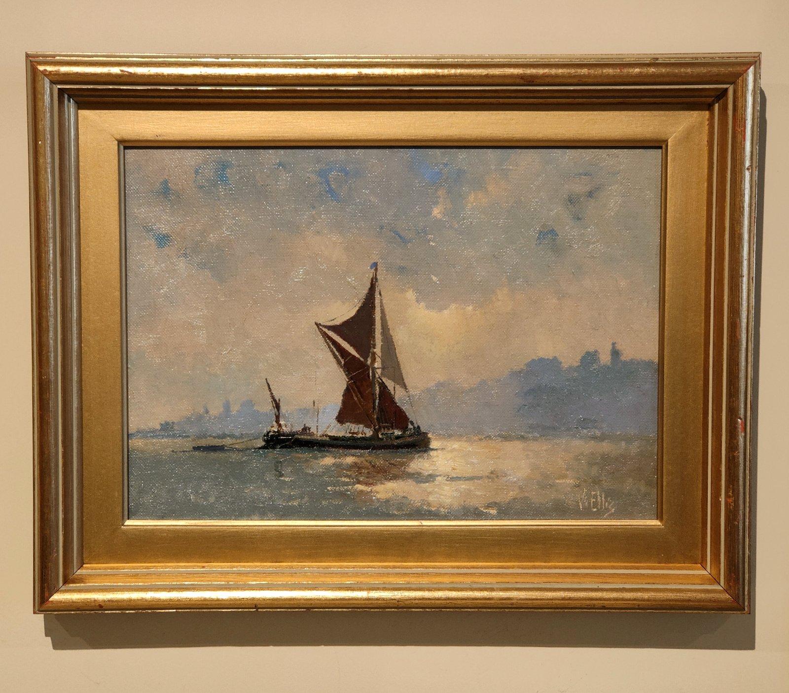 Oil Painting by Victor William Ellis "A Thames Barge, Evening"  Victor William Ellis DSM, RSMA 1921 -1984 . Marine painter of all types of ships past and present. mainly east coast and Thames near his native Canvey Island. Worked Atlantic conveys in