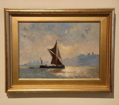Peinture à l'huile de Victor William Ellis « A Thames Barge, Evening »  