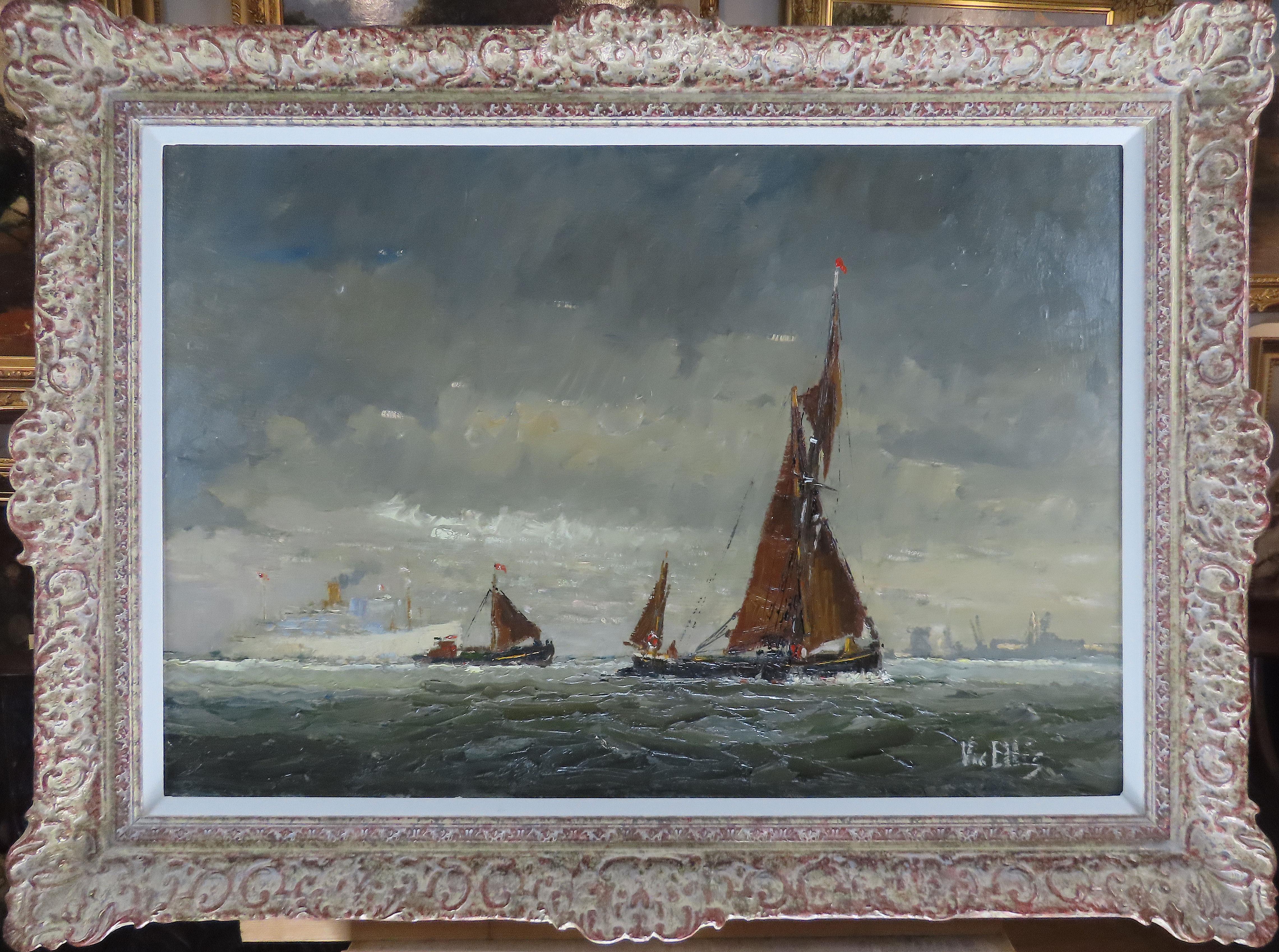 Victor William Ellis D.S.M., R.S.M.A., 1921- 1984

Marine painter of all types of ships past and present, mainly East coast, and Thames near his native Canvey Island. Worked Atlantic convoys during War and member of the Wapping Group.

Oil on
