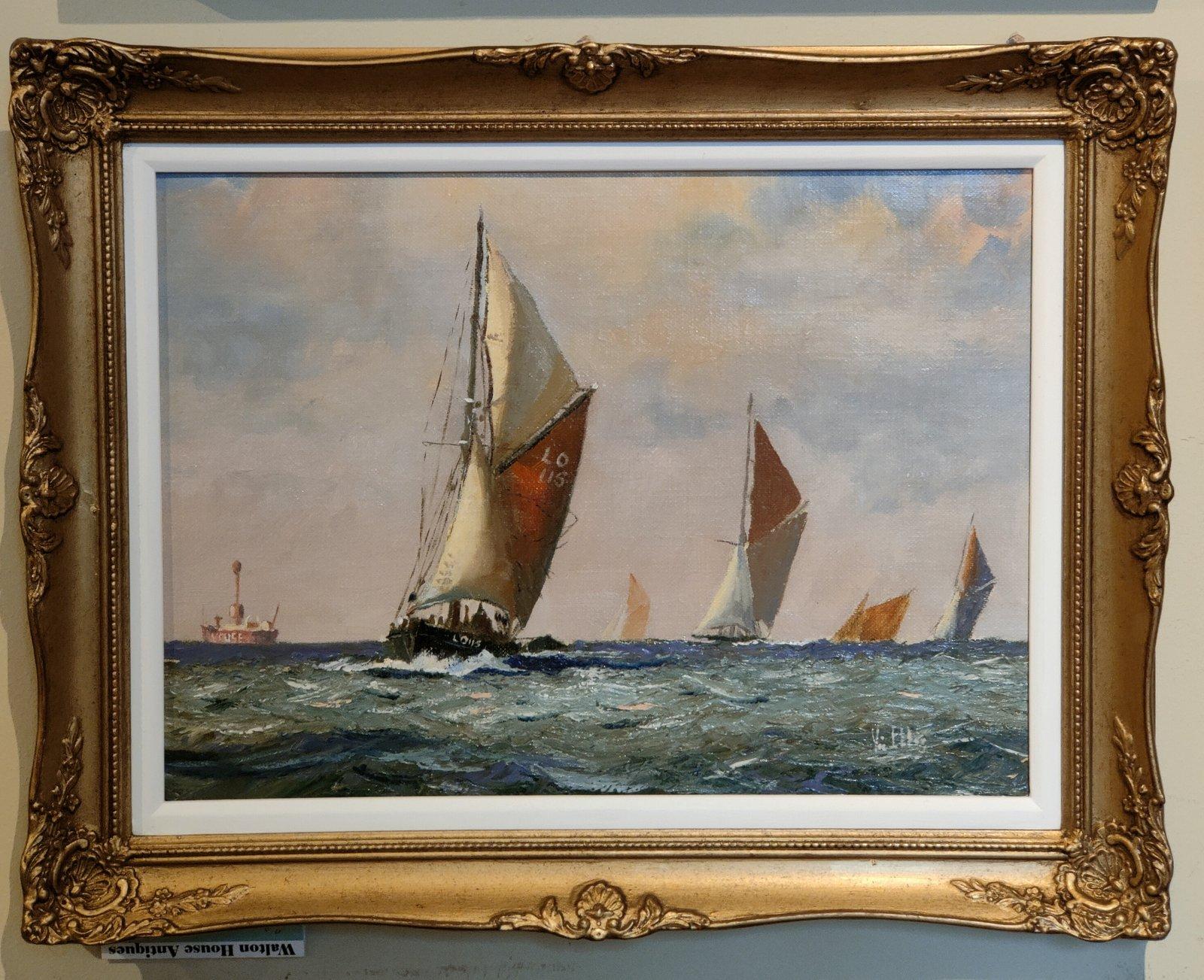 Oil Painting by Victor William Ellis "Passing the Light Stop"  Victor William Ellis DSM, RSMA 1921 -1984 . Marine painter of all types of ships past and present. mainly east coast and Thames near his native Canvey Island. Worked Atlantic conveys in