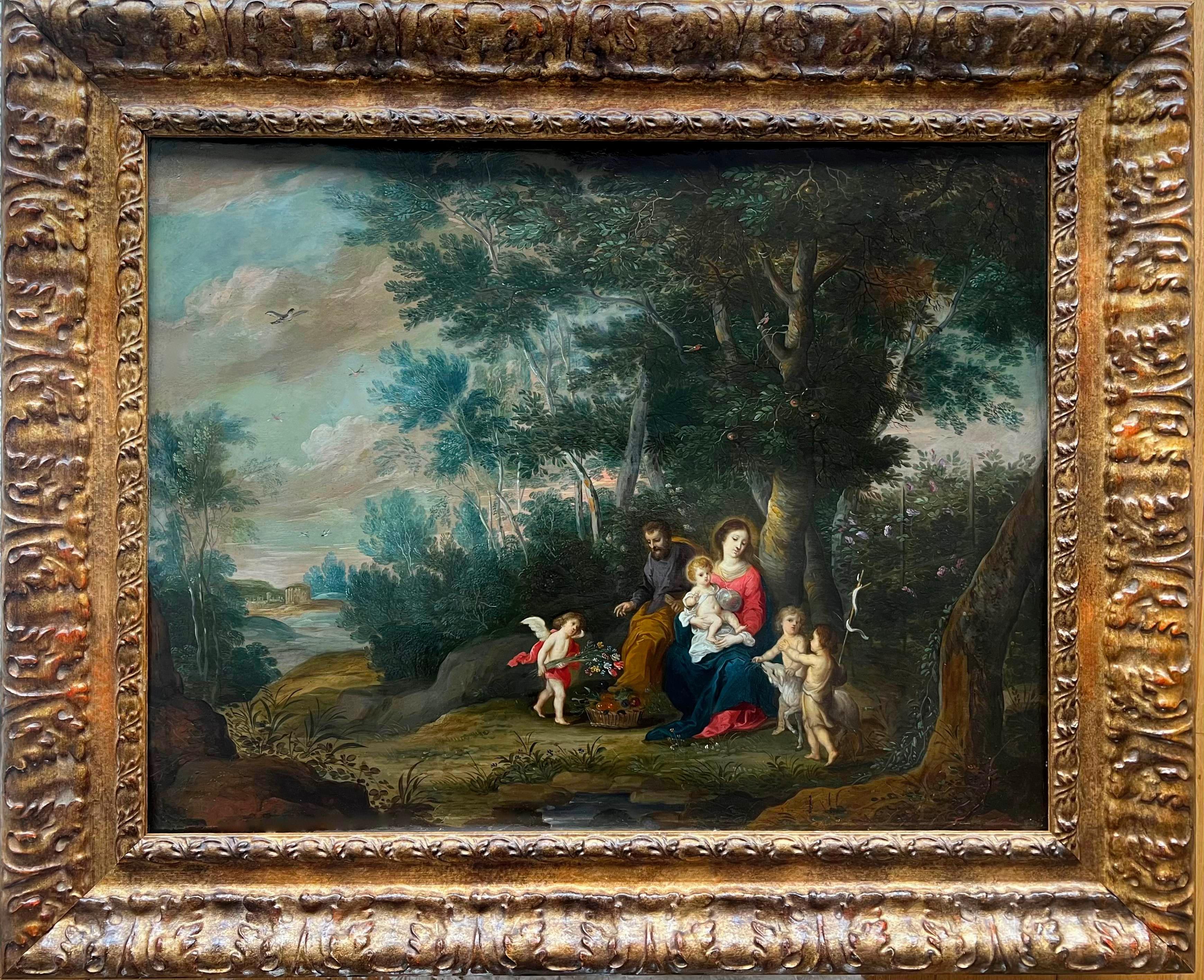 Paisaje antiguo flamenco del siglo XVII - Descanso en la huida a Egipto - Cristo - Painting de Victor Wolfvoet the Younger