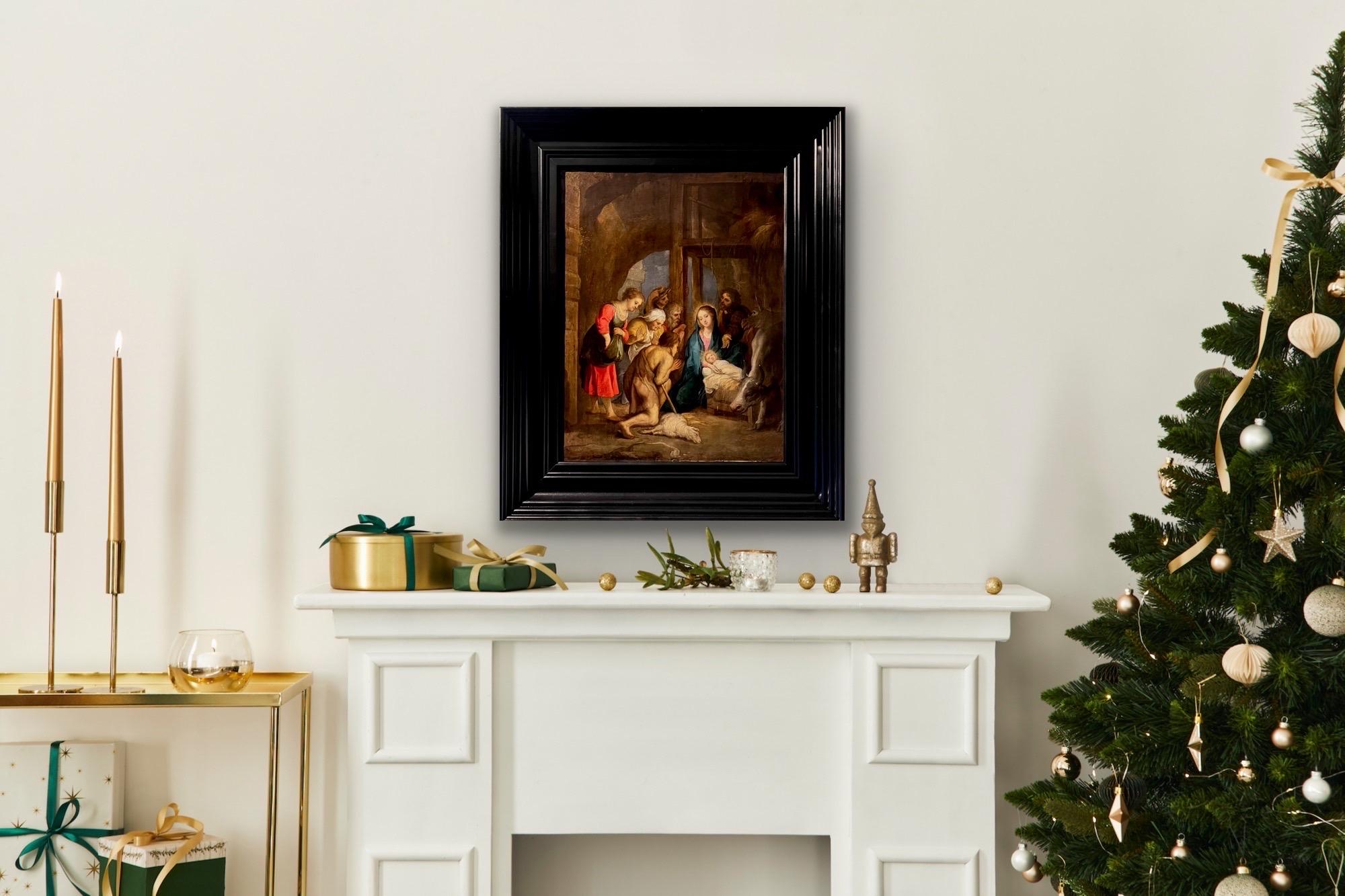 17th century Flemish old master painting - Adoration of the Shepherds Christmas For Sale 4