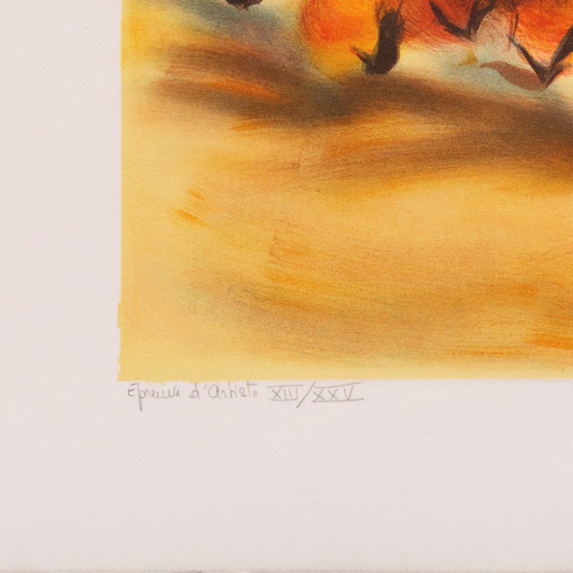 Signed lower right, 'Zarou' for Victor Zarou (French, b. 1930), inscribed 'Epreuve d'Artiste' with number and limitation 'XIII/XXV' (13/25), lower left and titled lower center 'Lourmarin' with inscription 'Last copy'. 

Born in 1930 near