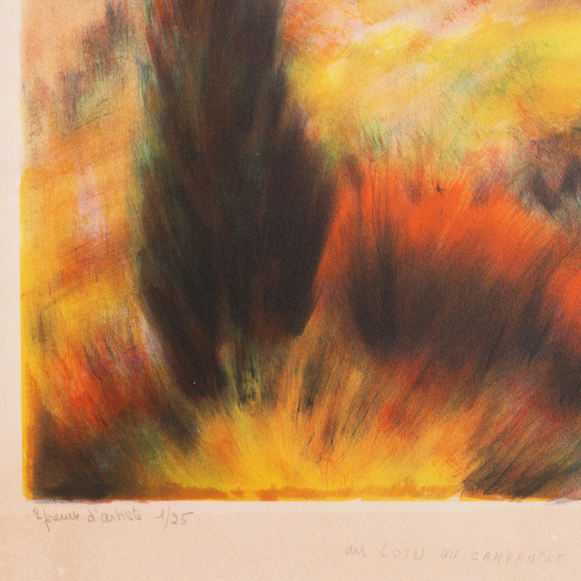 Signed lower right, 'Zarou' for Victor Zarou (French, b. 1930), titled 'Au Loin un Campanile' lower center and inscribed 'Epreuve d'Artiste' with number and limitation '1/25', lower left. 

Born in 1930 near Saint-Tropez, Victor Zarou first studied