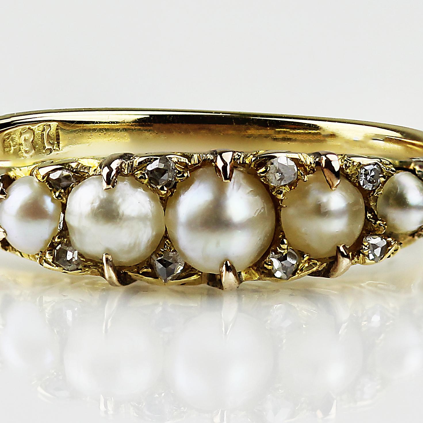 Victorian Victoria 1900 Antique Natural Pearl and Rose Cut Diamonds Ring in 18 Carat Gold