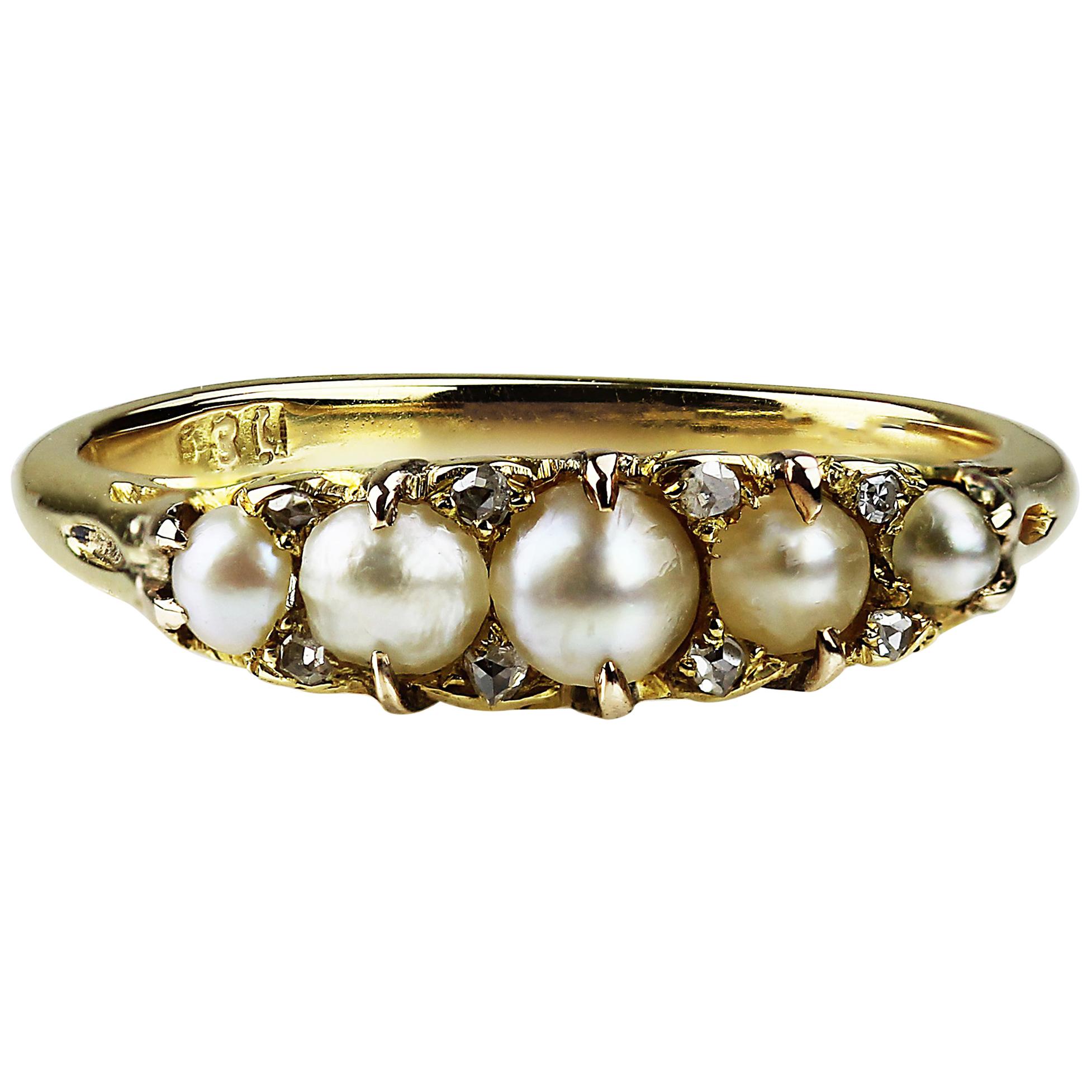 Victoria 1900 Antique Natural Pearl and Rose Cut Diamonds Ring in 18 Carat Gold
