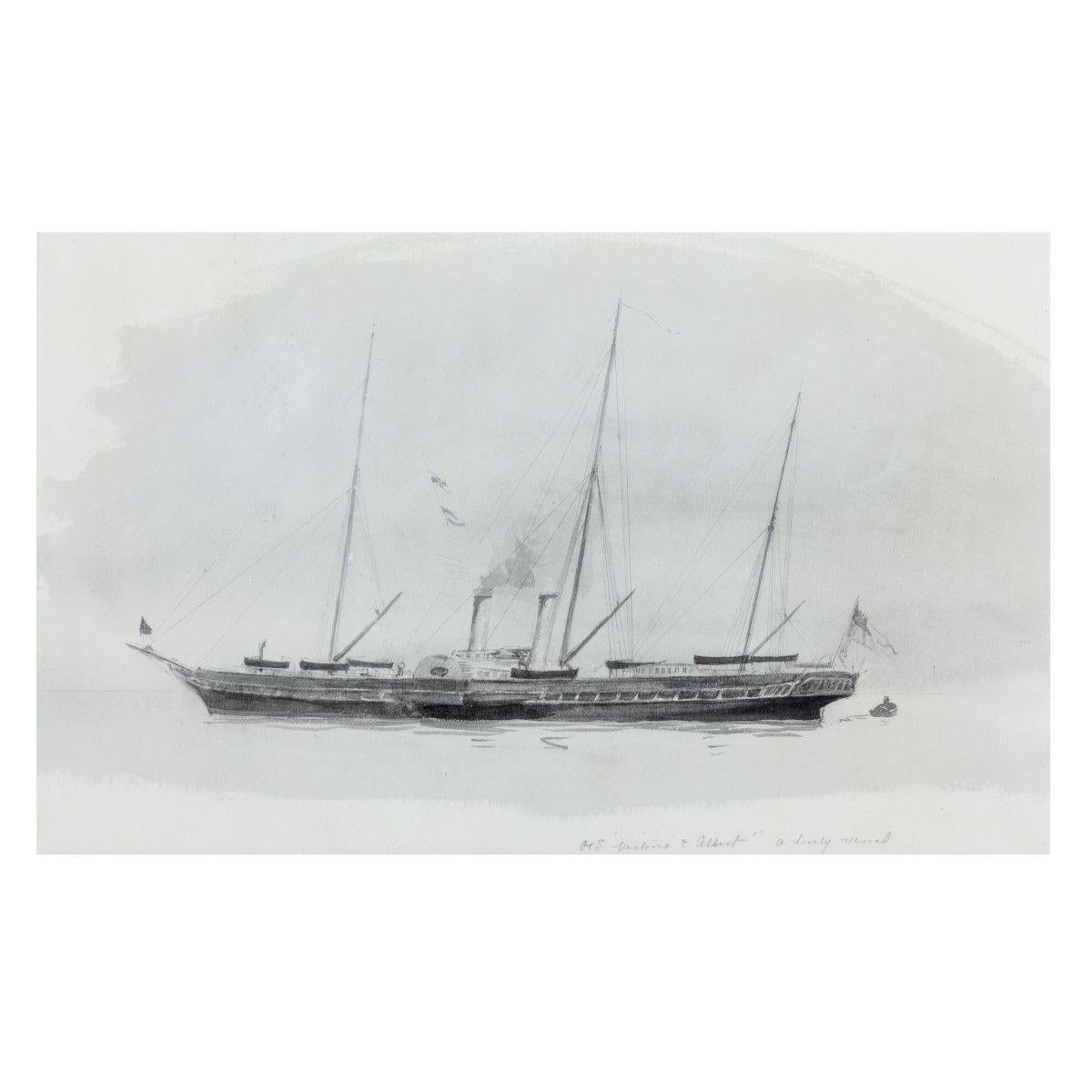 A working watercolor of the Royal yacht by Wyllie. Arguably the most beautiful paddle steamer and yacht ever built.
“Titled Victoria and Albert a lovely vessel.”

Overall size 17” x 21”.

Harold Wyllie was the eldest son of William Lionel