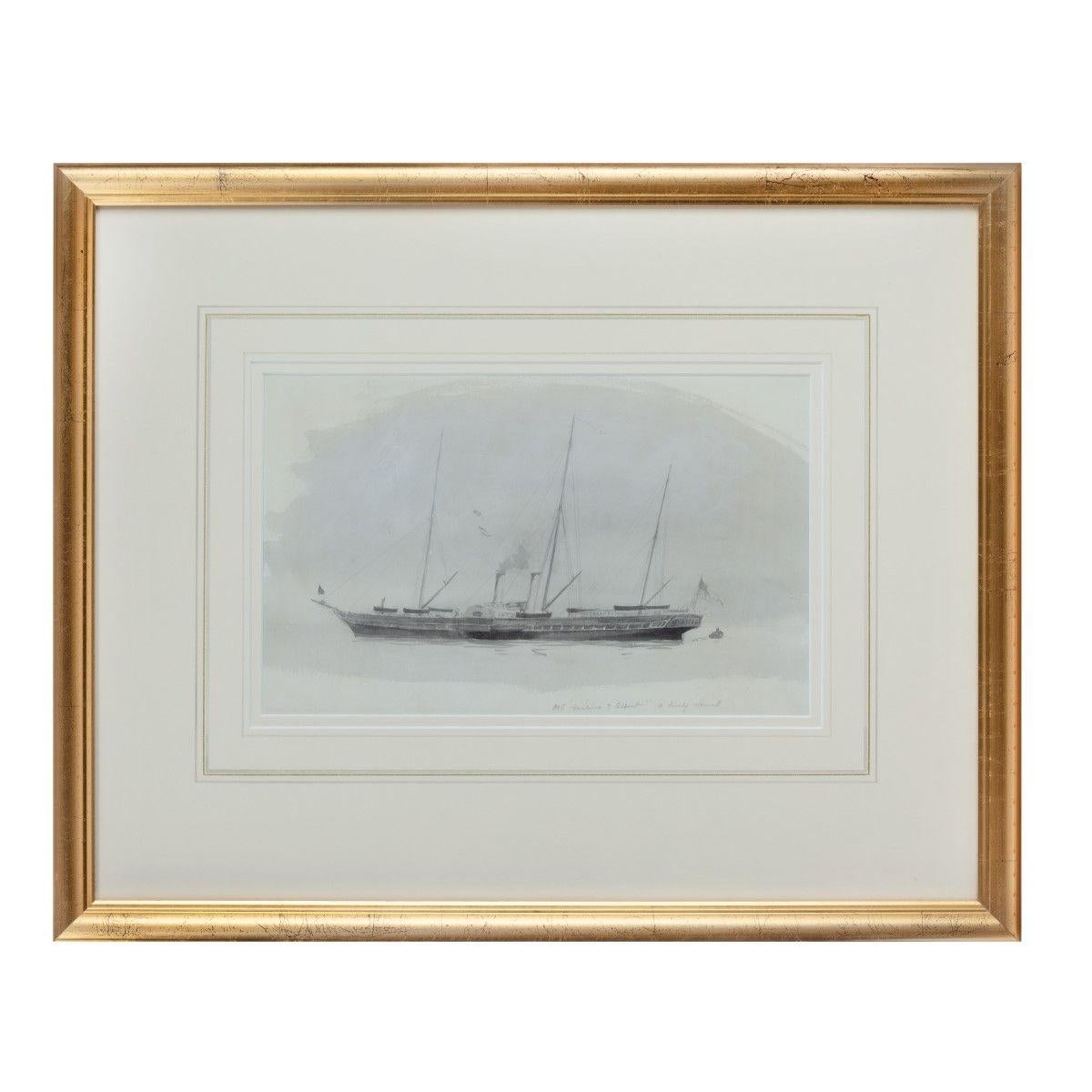 English ‘Victoria and Albert a lovely vessel’ Watercolor Royal yacht by Harold Wyllie For Sale