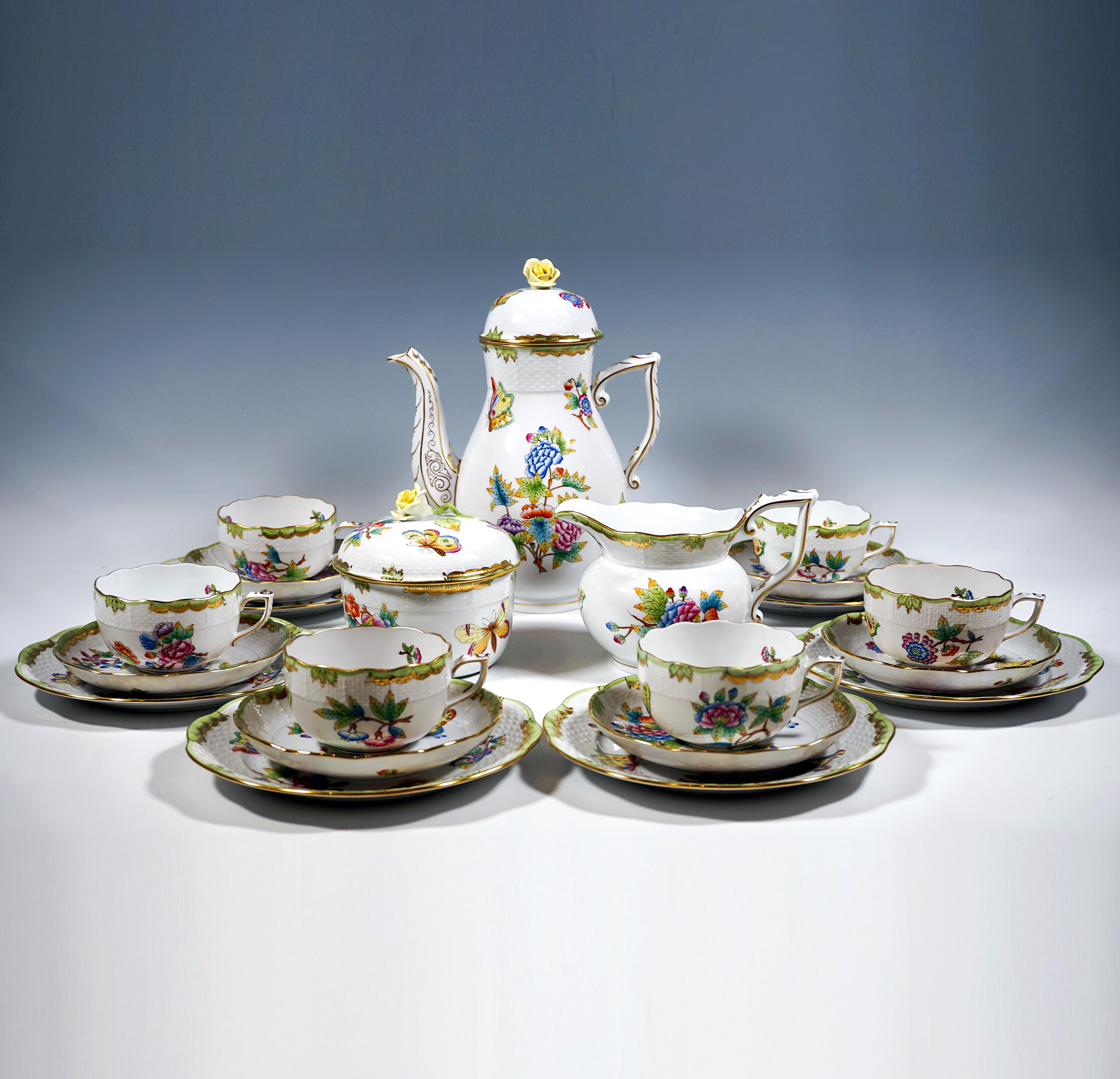 Herend service, consisting of 21 pieces: coffee pot with lid, milk jug, sugar bowl, six cups, six saucers and six dessert plates.
Form:    Osier / Wickerwork
Decor:   VBO - Victoria avec Bord en Or - profusely decorated with 
butterflies and