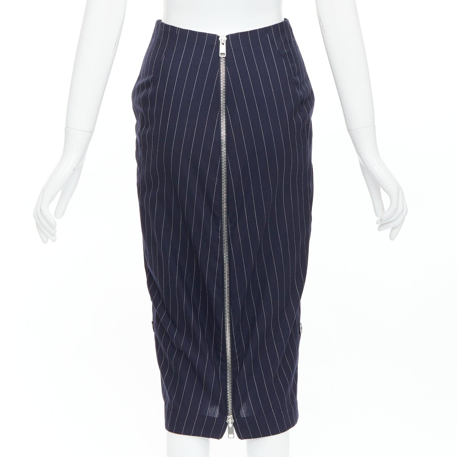 VICTORIA BECKHAM 100% Wolle Marineblauer Navy Nadelstreifen 2-Wege Reißverschluss Bleistiftrock UK6 XS Damen im Angebot