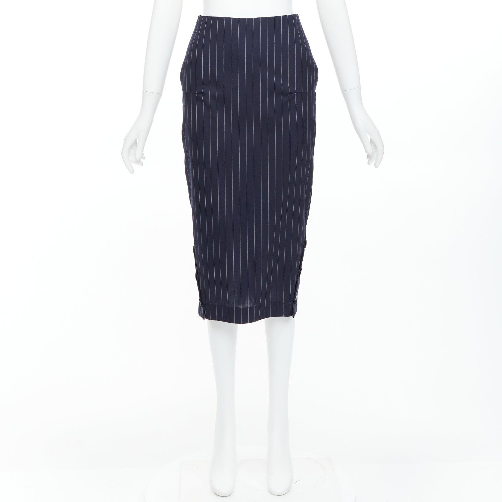 VICTORIA BECKHAM 100% Wolle Marineblauer Navy Nadelstreifen 2-Wege Reißverschluss Bleistiftrock UK6 XS im Angebot 4