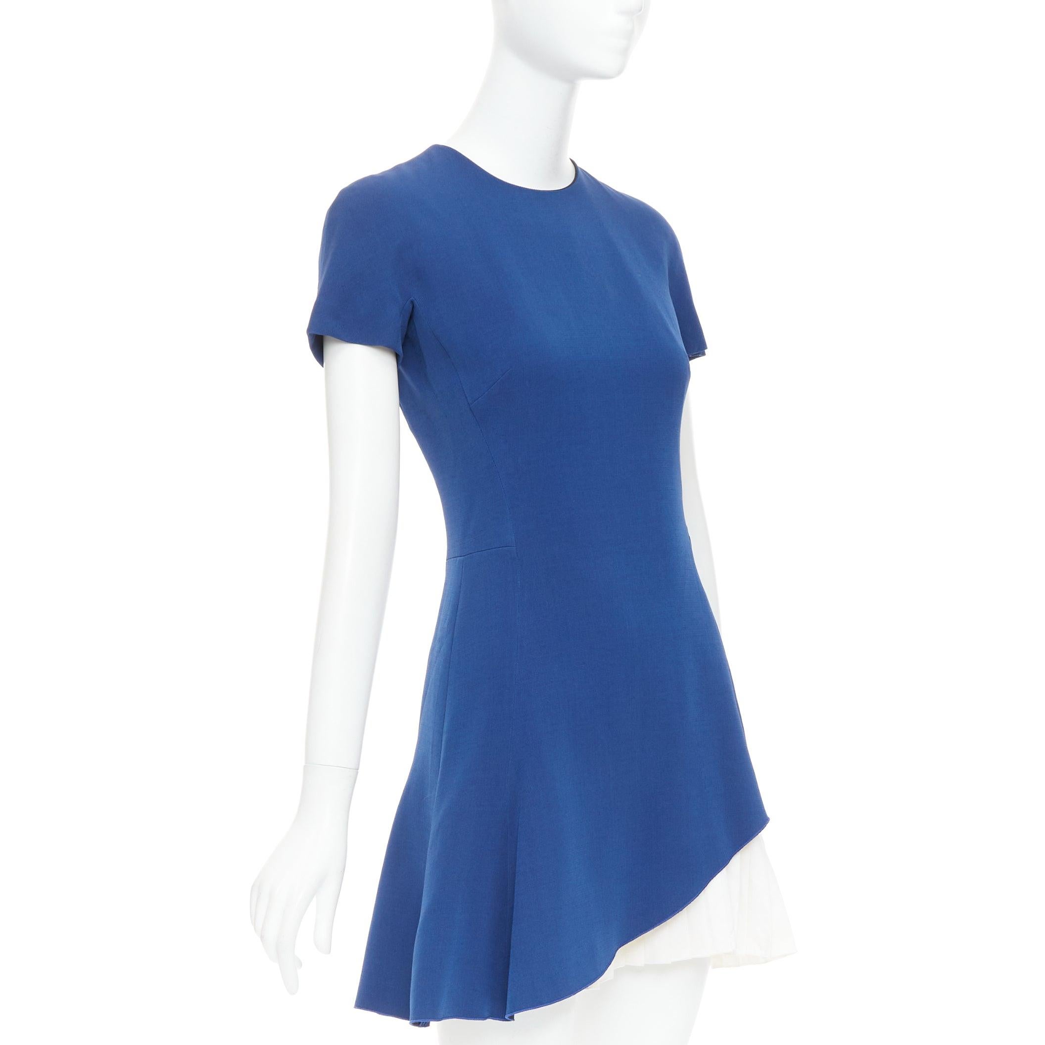 Blue VICTORIA BECKHAM 2014 blue white wool silk pleated hem shift dress UK8 S