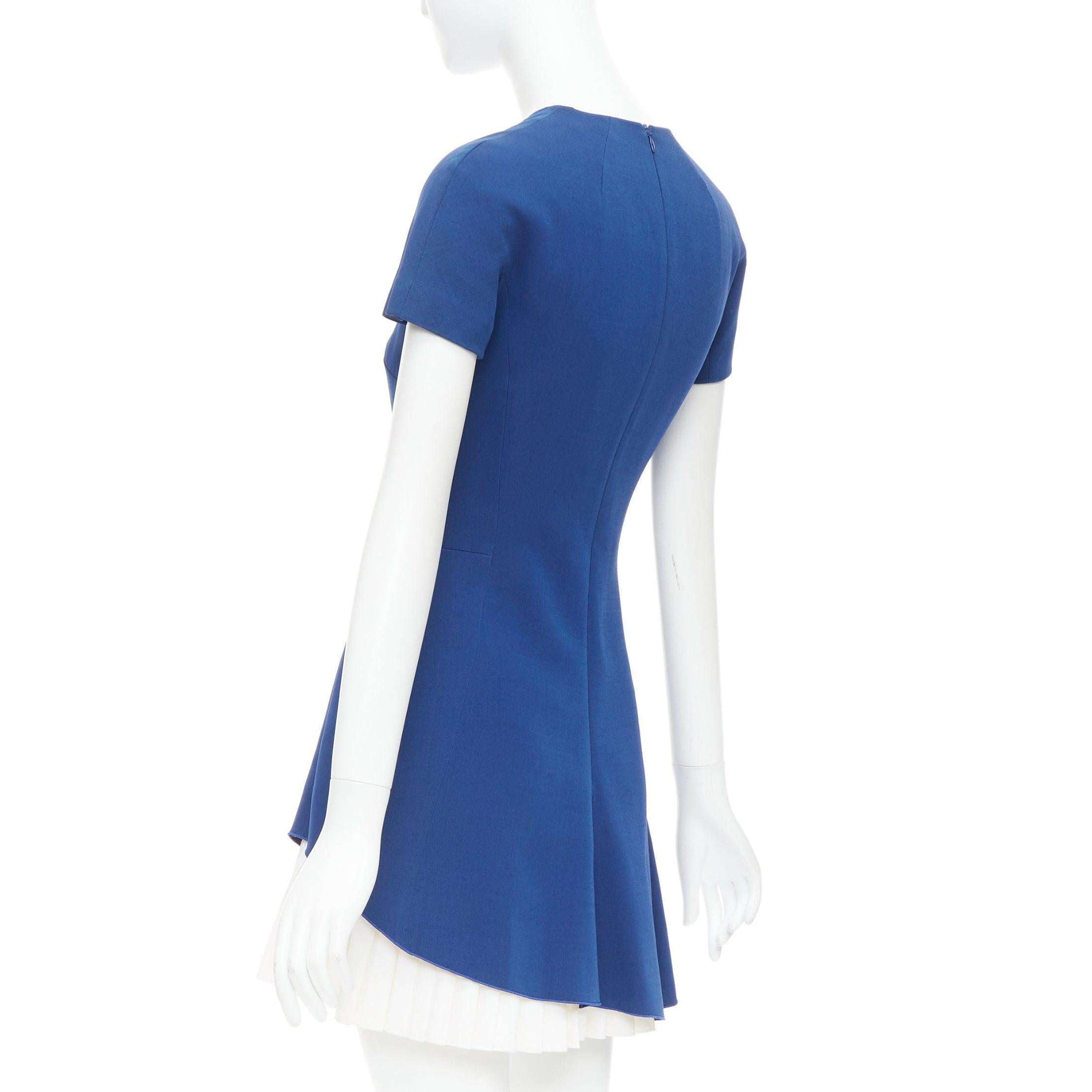 VICTORIA BECKHAM 2014 blue white wool silk pleated hem shift dress UK8 S 1