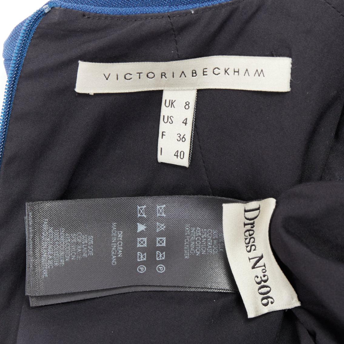 VICTORIA BECKHAM 2014 blue white wool silk pleated hem shift dress UK8 S 3