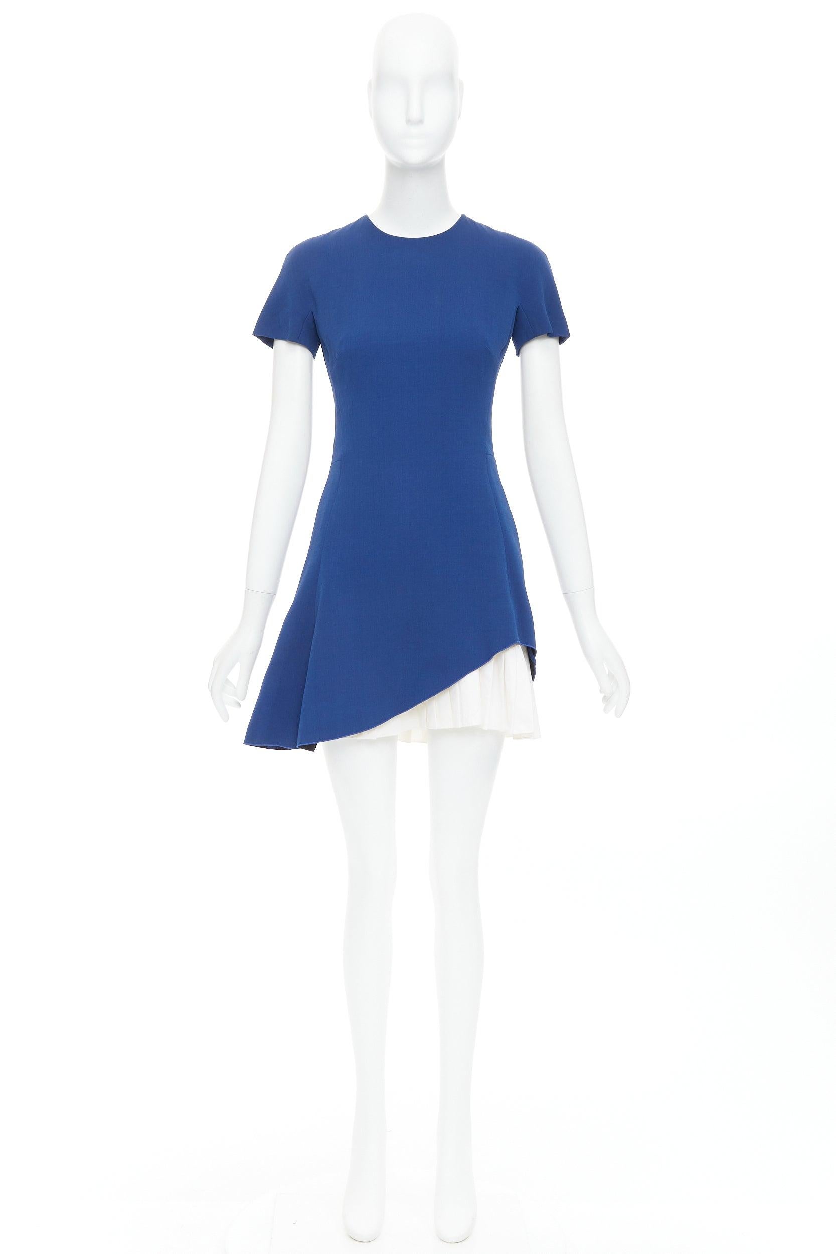 VICTORIA BECKHAM 2014 blue white wool silk pleated hem shift dress UK8 S 4