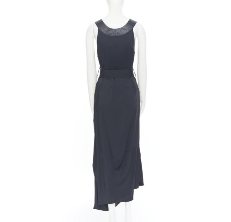 Women's VICTORIA BECKHAM 2018 Runway black satin leather collar belted dress UK8 S For Sale