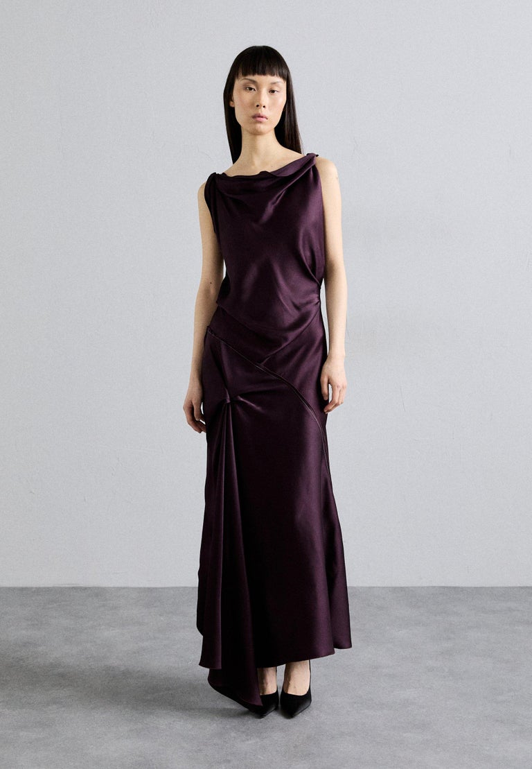 asymmetric drape midi dress Women's Agnes Asymmetric Sleeve Draped Midi Dress XS/S/M/L/XL/Customize Rio  Red MEAN BLVD main image 1