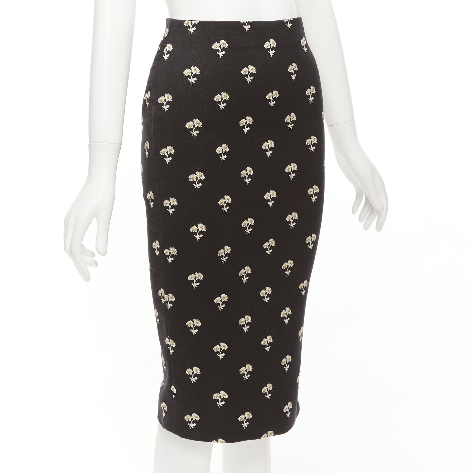 VICTORIA BECKHAM black daisy floral brocade twill two way zip pencil skirt UK8 S In Excellent Condition In Hong Kong, NT
