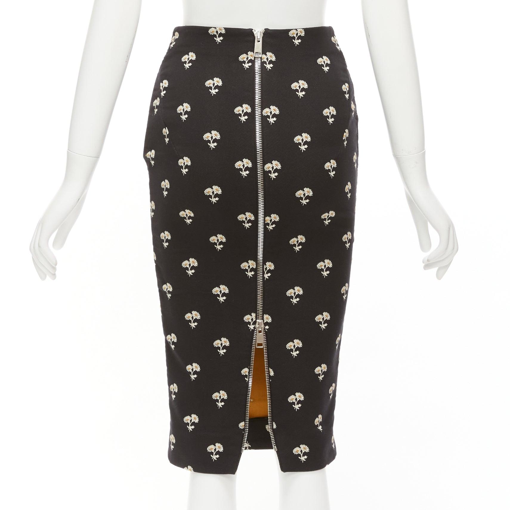VICTORIA BECKHAM black daisy floral brocade twill two way zip pencil skirt UK8 S 1