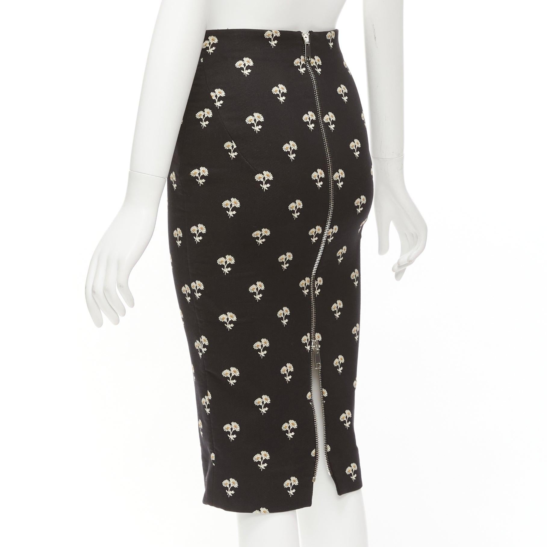 VICTORIA BECKHAM black daisy floral brocade twill two way zip pencil skirt UK8 S For Sale 2