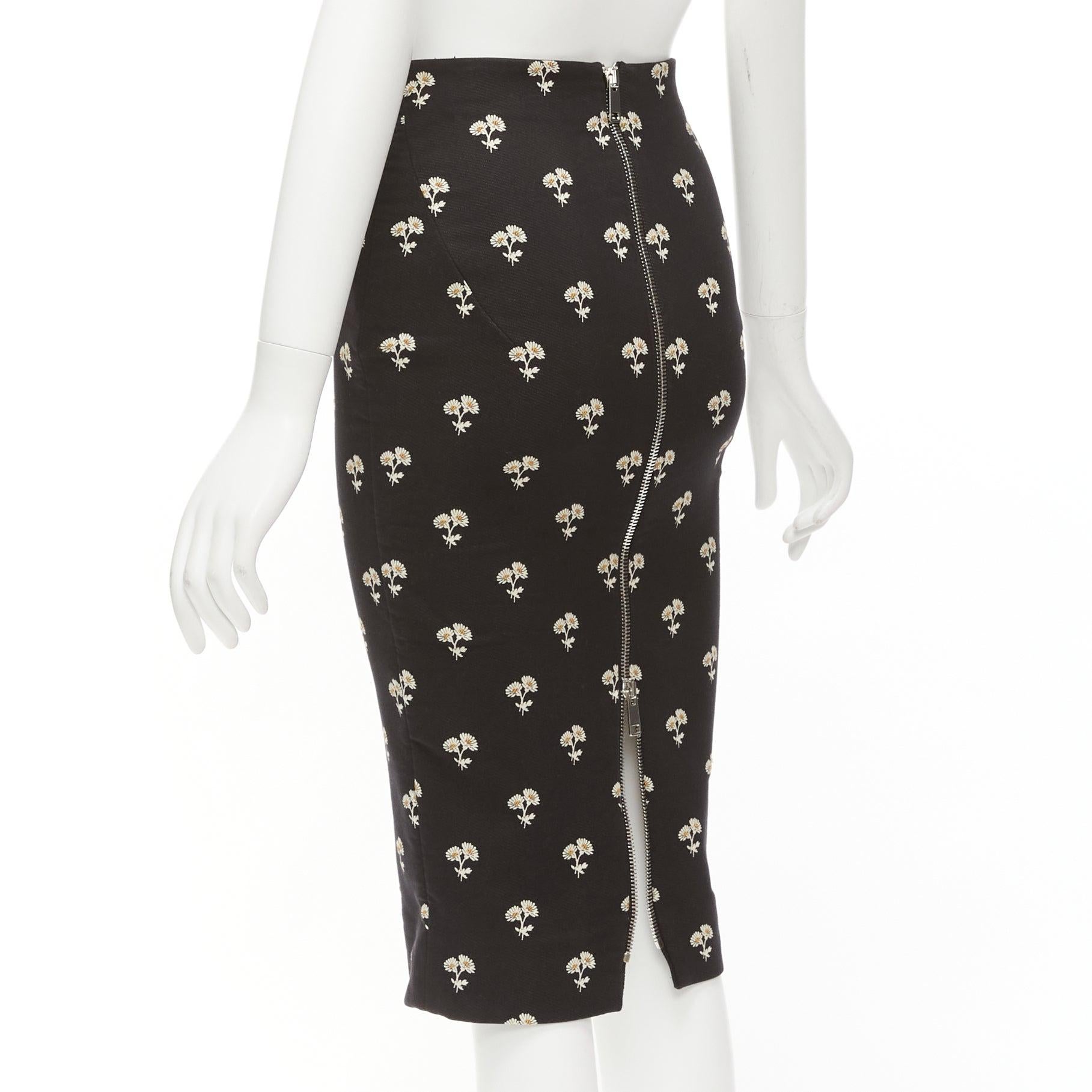 VICTORIA BECKHAM black daisy floral brocade twill two way zip pencil skirt UK8 S 2