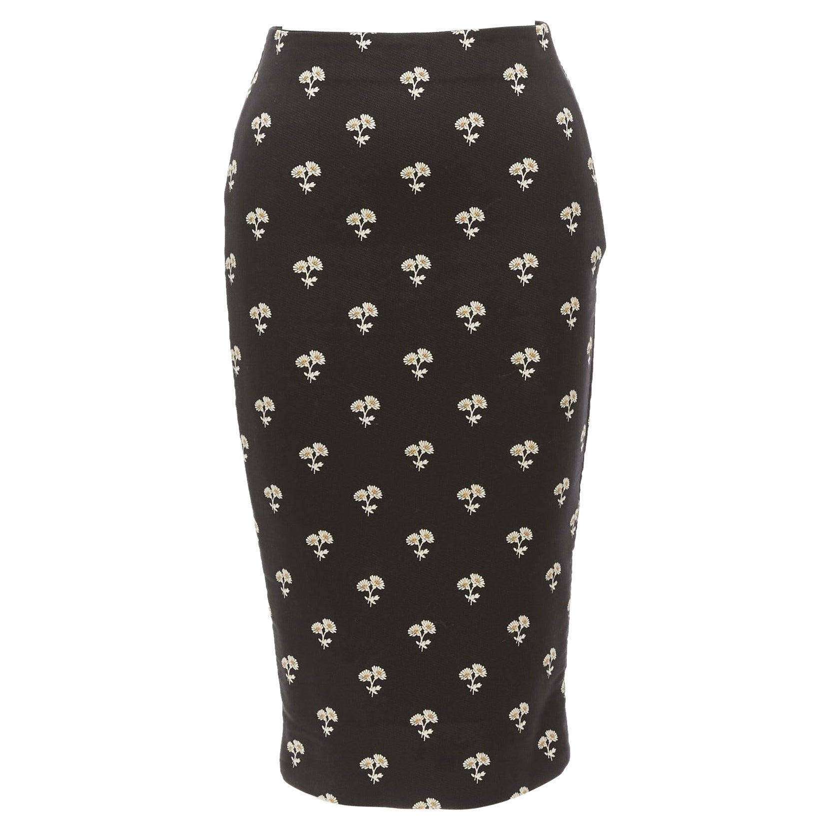 VICTORIA BECKHAM black daisy floral brocade twill two way zip pencil skirt UK8 S