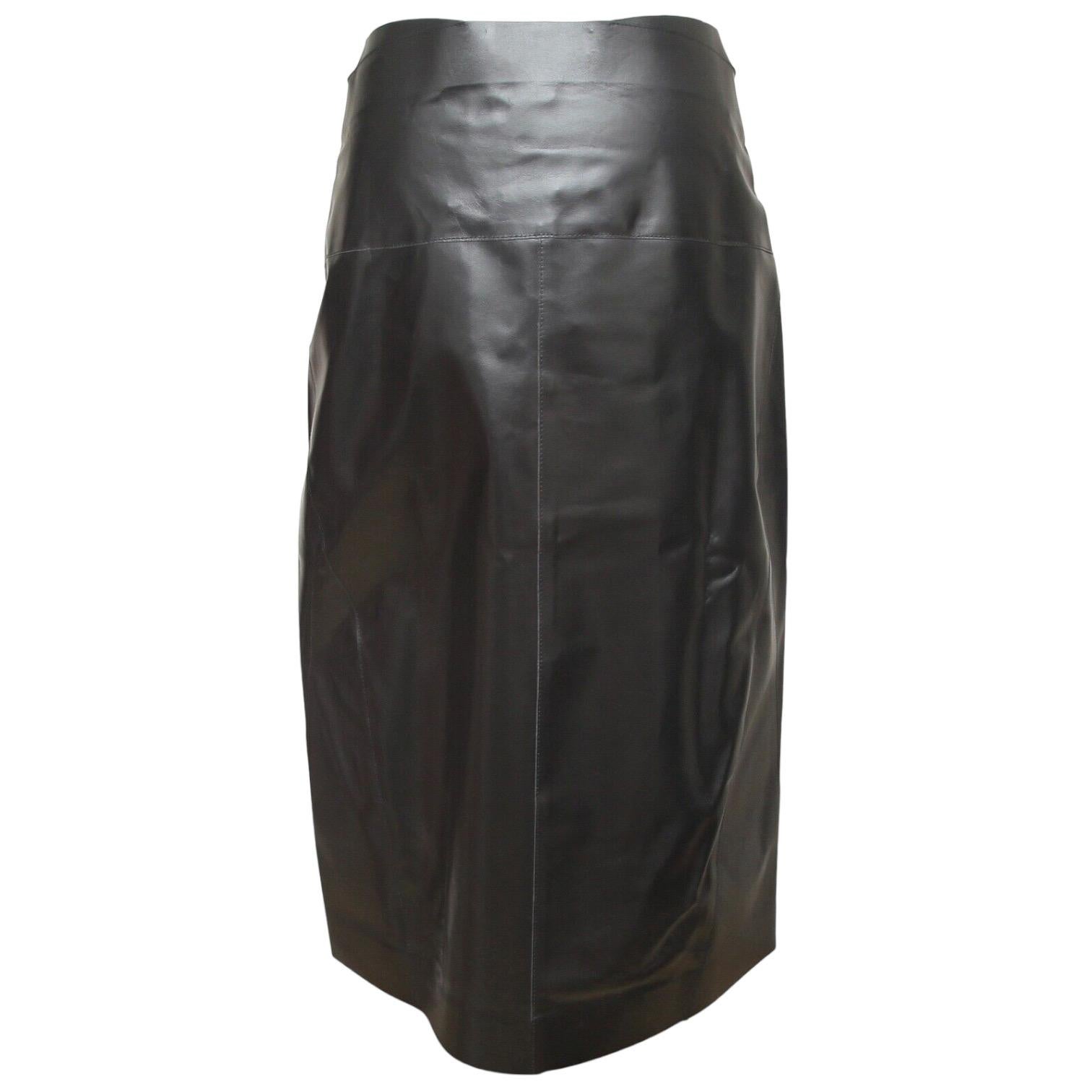 Women's VICTORIA BECKHAM Black Leather Skirt Silver Tone Snaps Mid Length US 4 UK 8 BNWT For Sale