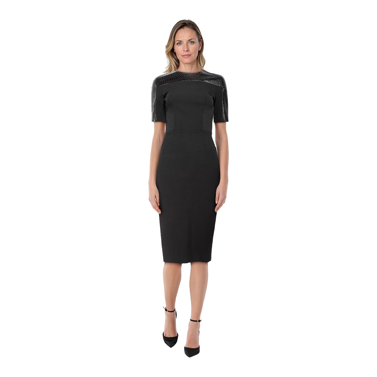 Victoria Beckham Black Python Trim Midi Dress Size M For Sale