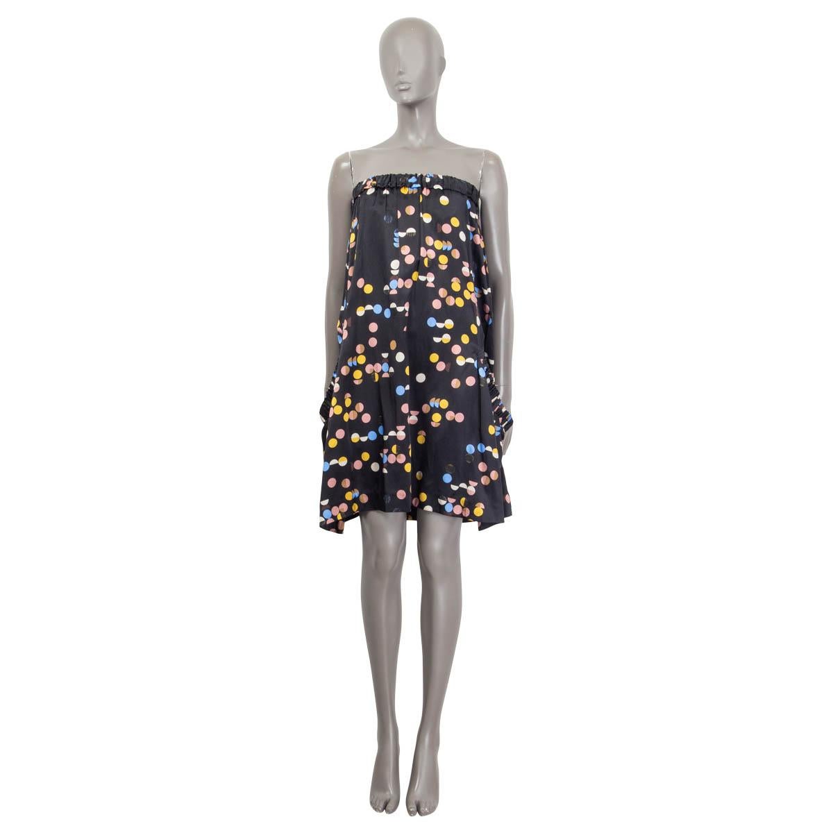 100% authentic Victoria Victoria Beckham dotted strapless satin dress in black, yellow, pink and blue silk (57%) and cotton (43%). Features two slit pockets on the side. Internal corset and dress both open with a zipper and a hook at the back.