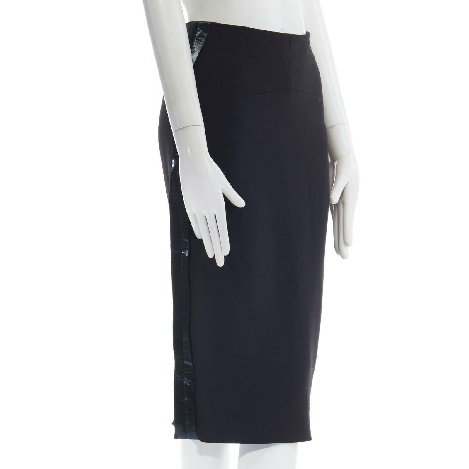 VICTORIA BECKHAM black silk wool lacquered fabric trimmed side pencil skirt 25