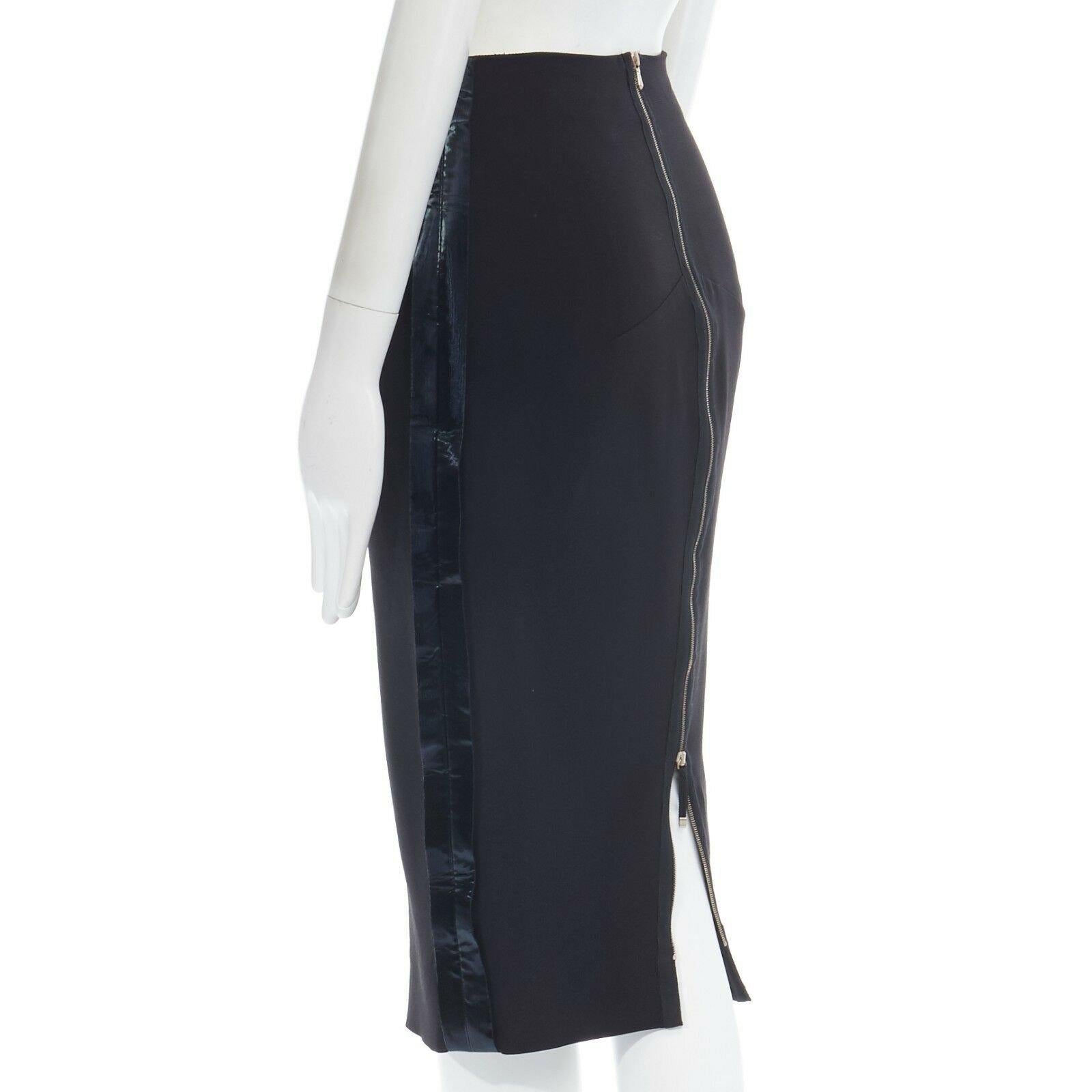 VICTORIA BECKHAM black silk wool lacquered fabric trimmed side pencil skirt 25