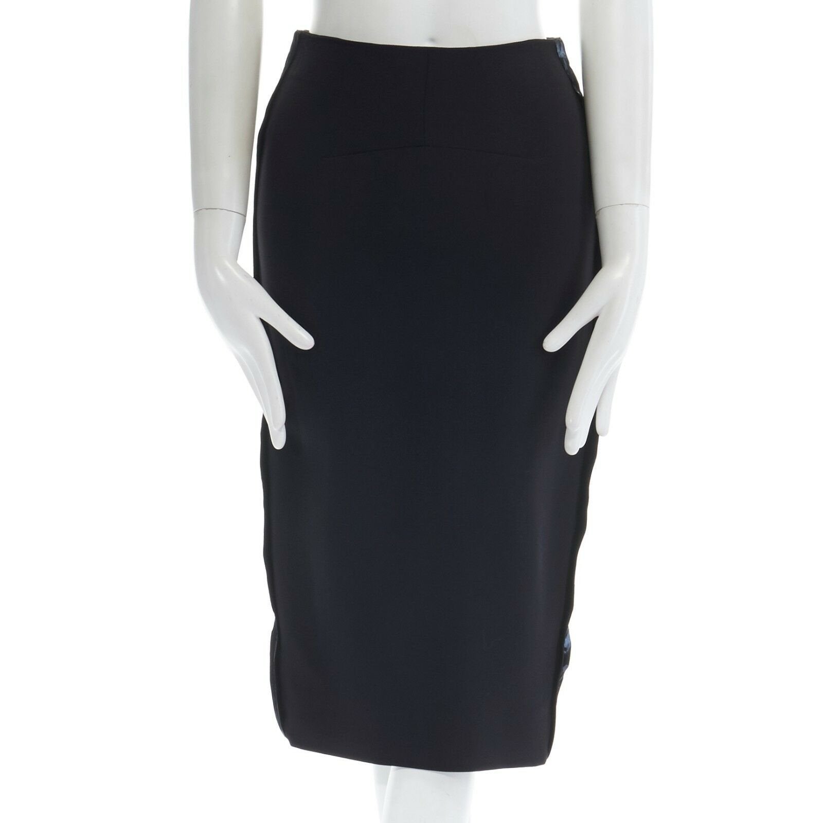 VICTORIA BECKHAM black silk wool lacquered fabric trimmed side pencil skirt 25" For Sale