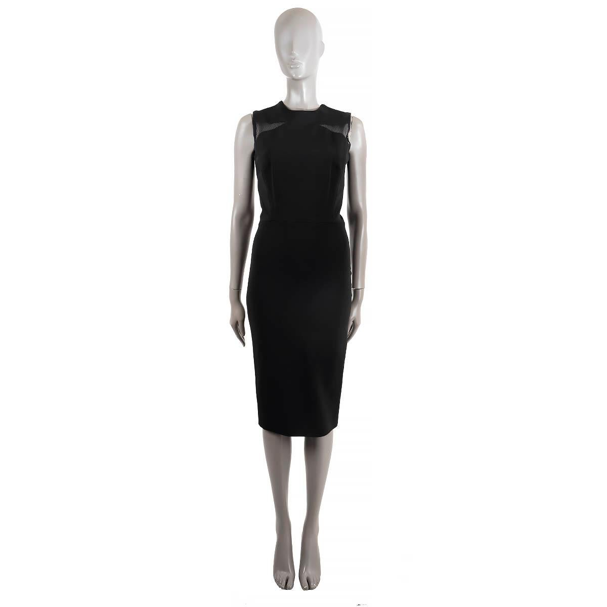 100% authentic Victoria Beckham stretchy sheath midi dress in black viscose (86%), polyester (10%) and elastane (4%). Opens with a double zipper on the back and features mesh inserts on the chest. Lined in black silk (100%).  Has been worn and is in